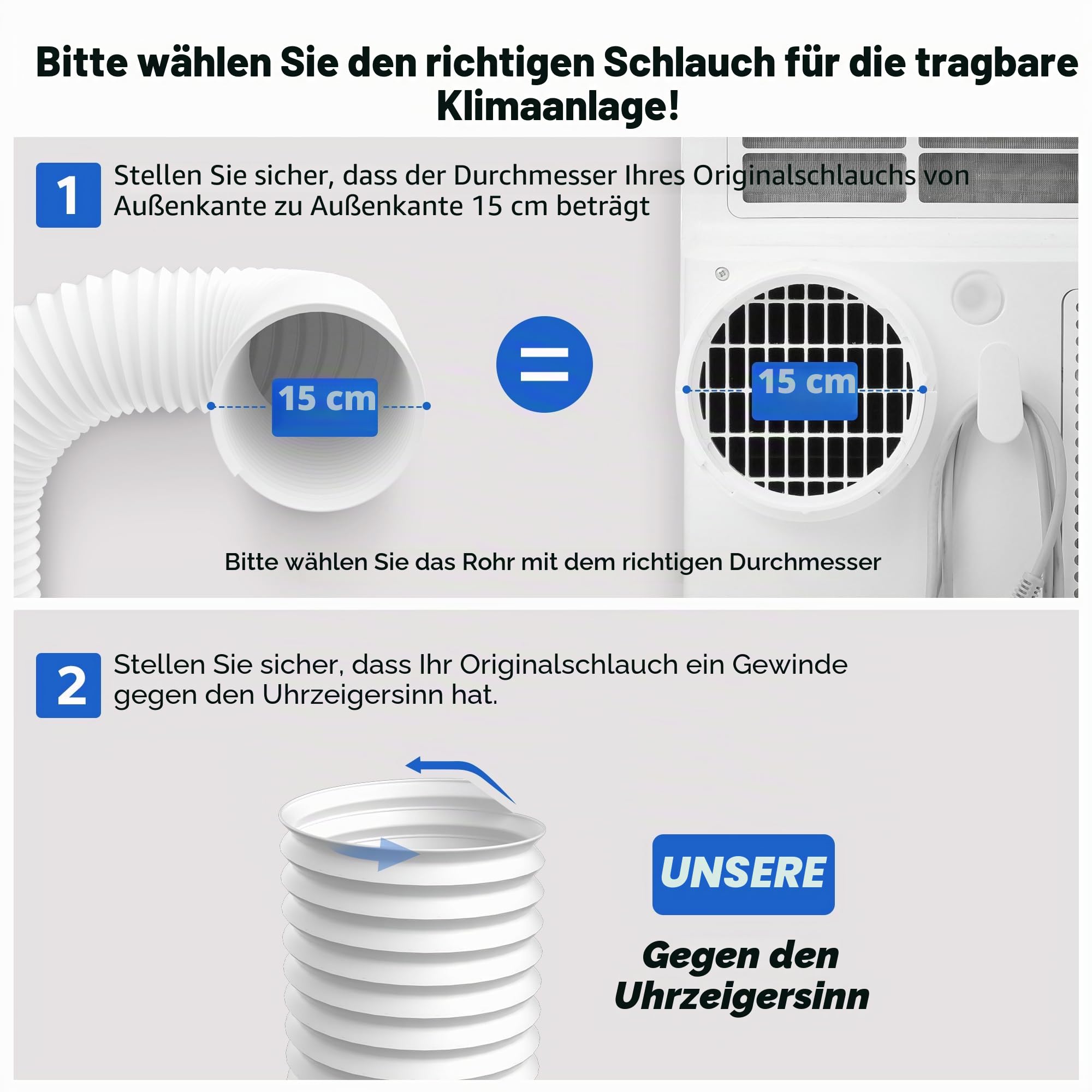 Tragbarer Klimaanlagenschlauch, 15 cm Durchmesser gegen den Uhrzeigersinn, Länge bis 203,2 cm, flexibler AC-Abluftschlauch, kompatibel mit Delonghi, LG und vielen weiteren tragbaren