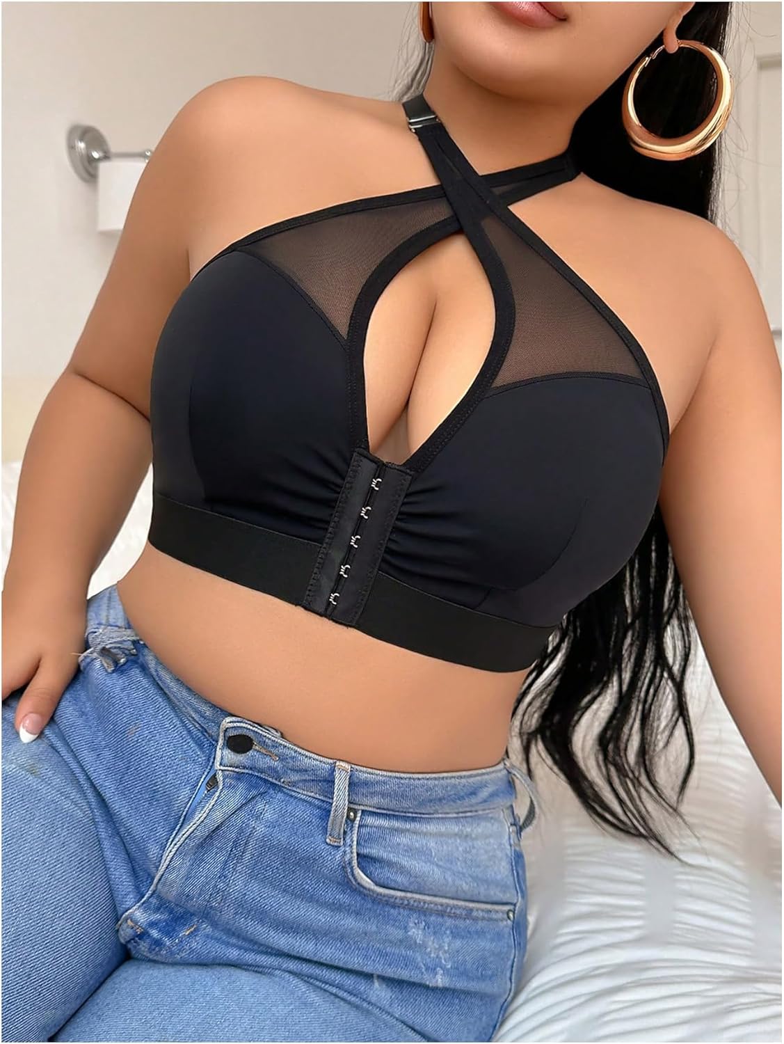 SOLY HUX Plus Size Bras for Women Mesh Criss Cross Halter Wireless Bra Front Closure Comfort Bralette - Image 4