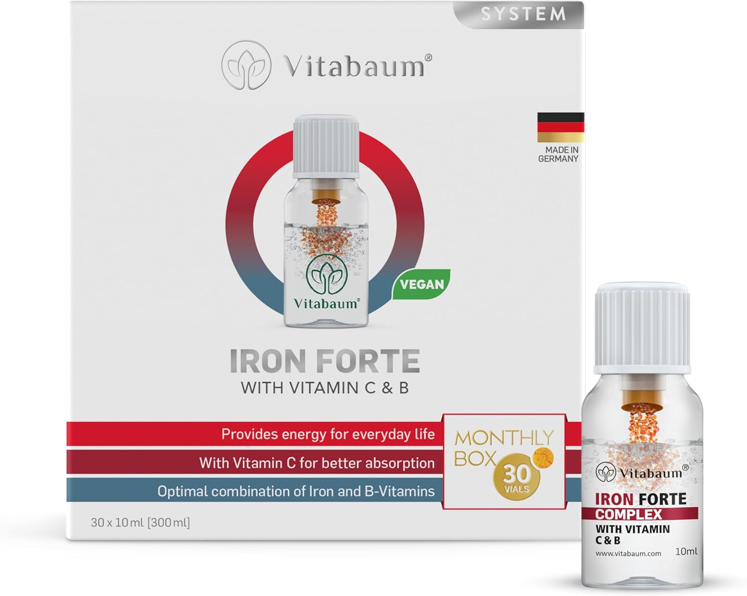 Vitabaum® Iron Forte - Energy Supplement with Vitamins C, B6, B12 & Folic Acid - 30 Vials - 0.34 fl.oz (10ml) Serving - Twist and Mix System™ for Fast Absorption - Vegan