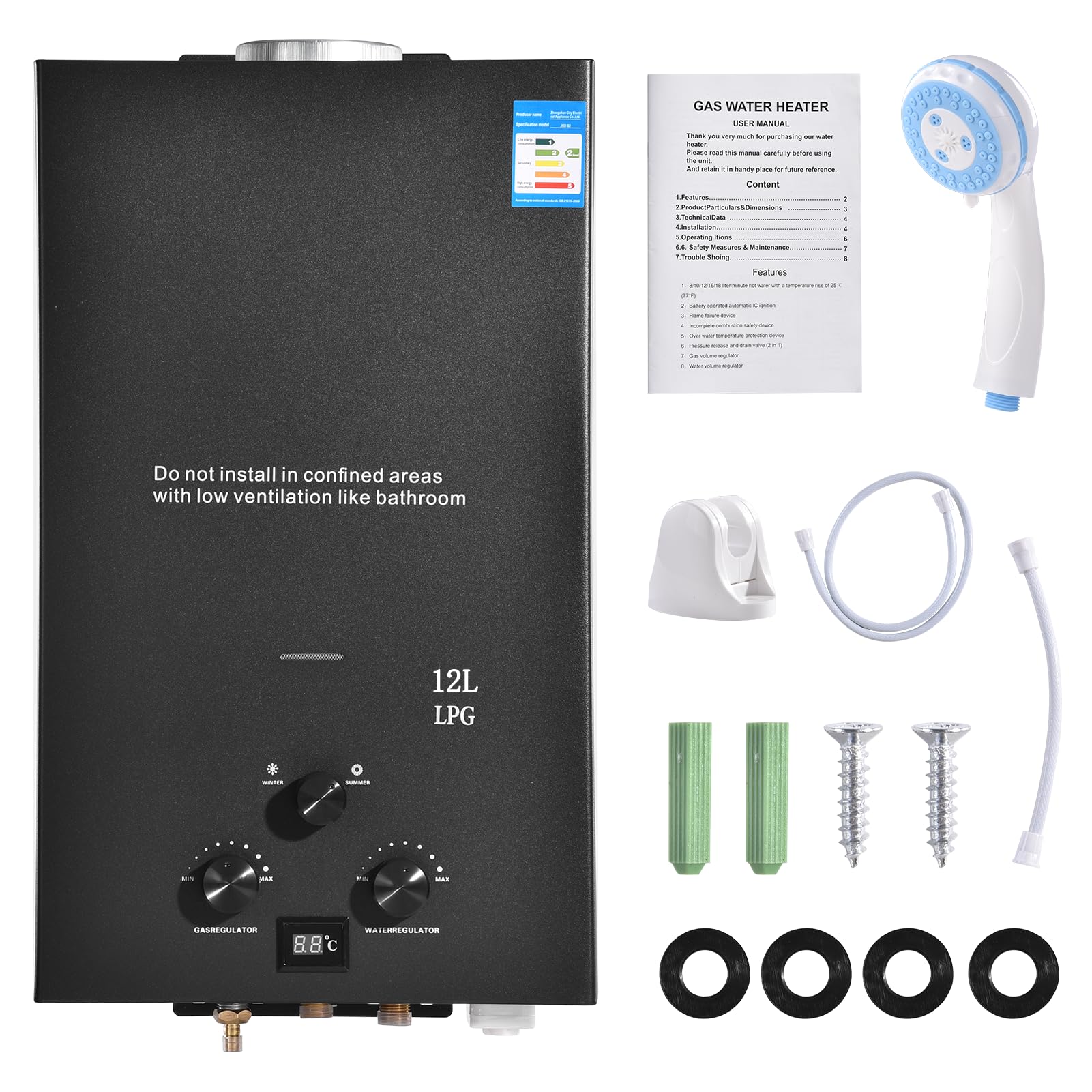 Tankless Water Heater 12L LPG Propane Gas Water Heater 24KW Instant Hot Water Heater with Shower Kit, Boiler Burner for Camping, RV, Trailer, Home
