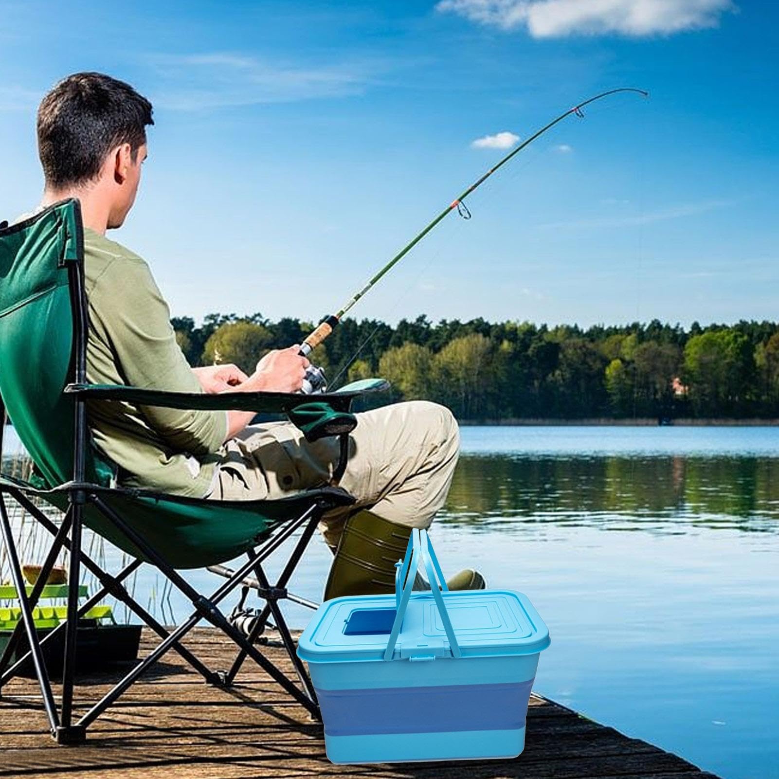 SKUDA pêche, Seau Pliable Grancapacité pour Poissons Vivants, avec poignée, Maille Respirante, Trous Drainage, Accessoire Multifonctionnel pour la lessive, Le Camping