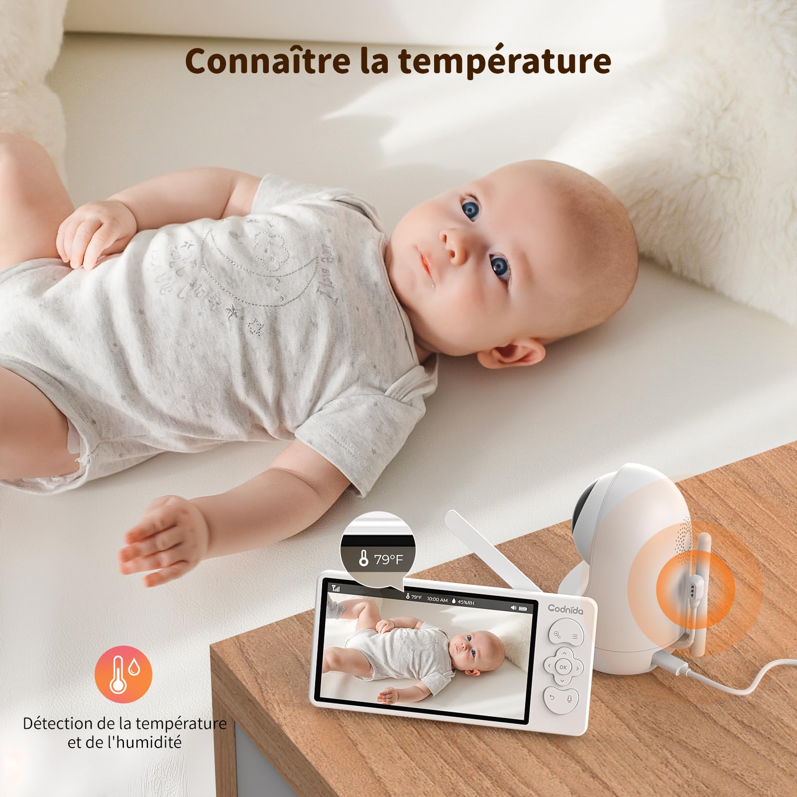 Codnida 5.5" LCD Babyphone Camera,2K 3MP Caméra Bebe Surveillance avec Vision Nocturne Suivi Automatique Capteur Soins Intelligents Mode Vox Audio Bidirectionnel Berceuses