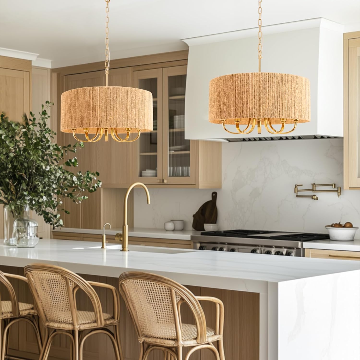 Maxax 22" Gold Rattan Farmhouse Chandelier, 5-Light Large Boho Pendant Lighting with Rattan Shade, Rustic Gold Chandeliers Hanging Light Fixtures for Dining Room, Living Room, ETL Listed