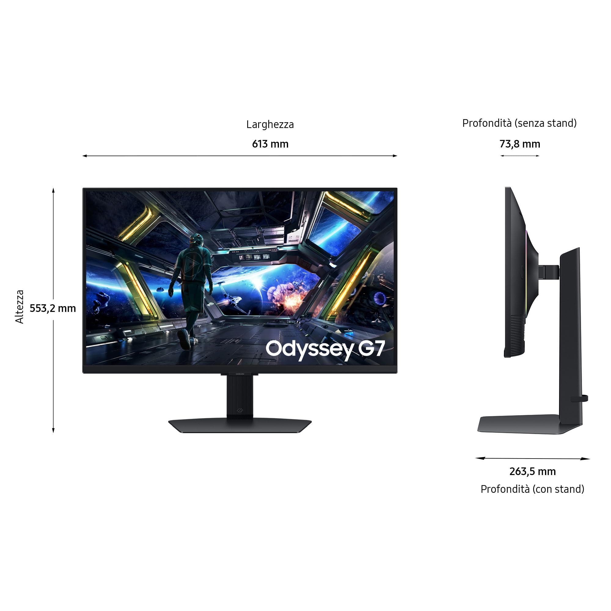 SAMSUNG Monitor Gaming Odyssey G7 (S27DG702), Flat, 27'', 3840x2160 (UHD 4K), 16:9, HDR10+, 144Hz, 1ms (GtG), Compatibiltà G-Sync, HDMI, USB, DP, HAS, Pivot, Gaming Hub