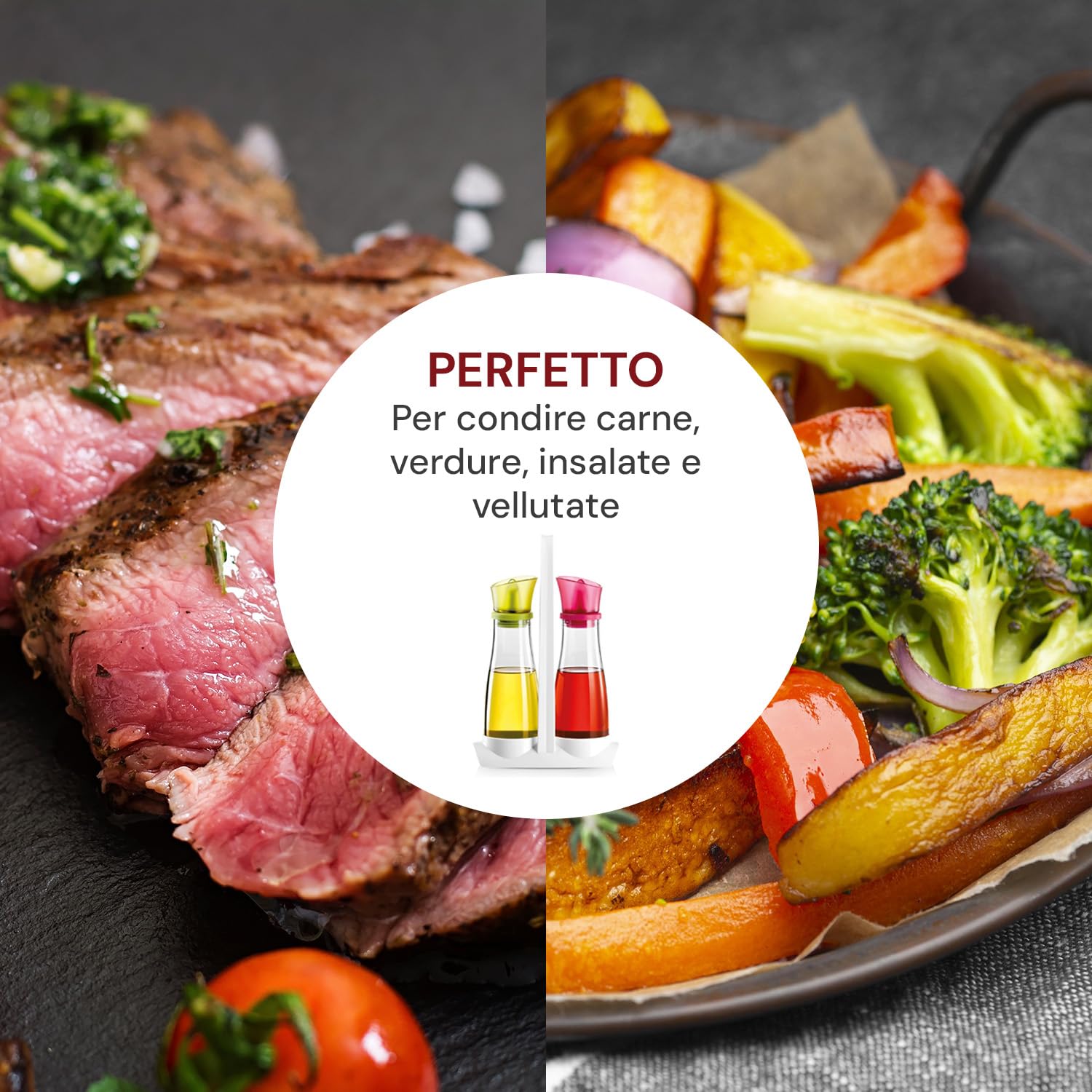 Avilia Set da Tavola Olio e Aceto 250ml - Realizzate in Vetro Robusto - Beccucci Flessibili Antigoccia in Silicone - Tappi Colorati Verde e Bordeaux - Supporto Comodo ed Elegante - Facile da Pulire