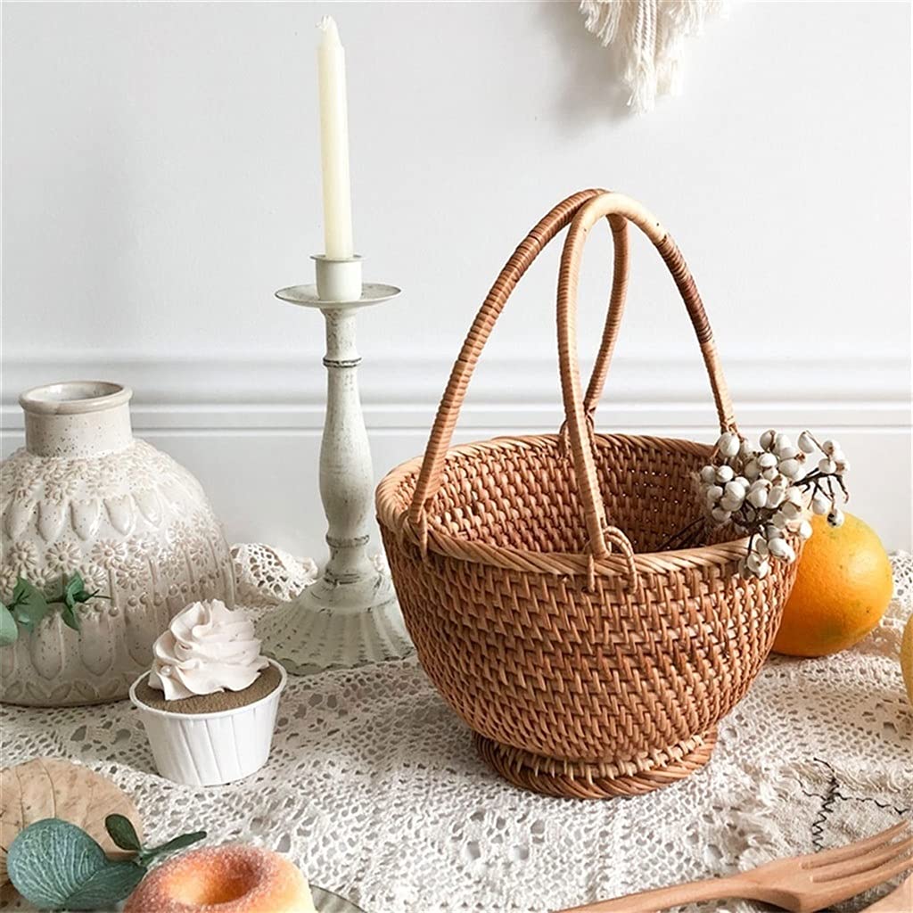 Cesta de Picnic Almacenamiento de Alimentos Creativo Cesta de Picnic Cesta de Mimbre Redonda con asa Cesta de Almacenamiento de ratán Cesta de Frutas y Verduras Cesta de Almacenamiento para Camping y