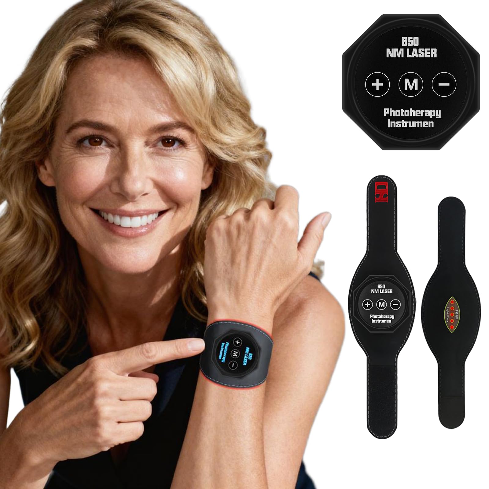 Terapia de luz roja para muñeca de mano, pulsera de luz visible de 650 nm con ajuste de 4 niveles, diseño portátil para padres mayores para aliviar la tensión muscular y el cuidado de las manos, uso