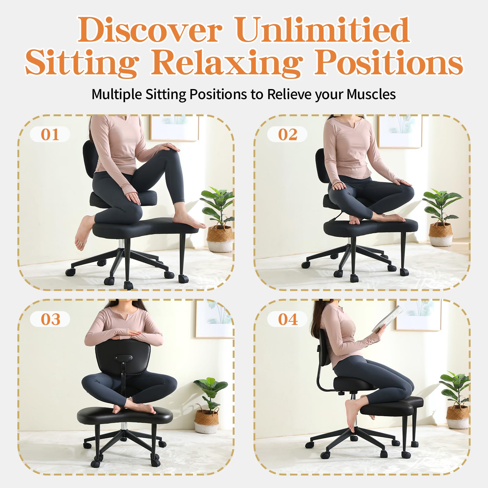 Chaise de méditation ergonomique pour plusieurs positions assises, chaise de TDAH, avec soutien lombaire et roulettes, hauteur réglable, chaise genoux, idéale pour les amateurs de yoga, chaise de