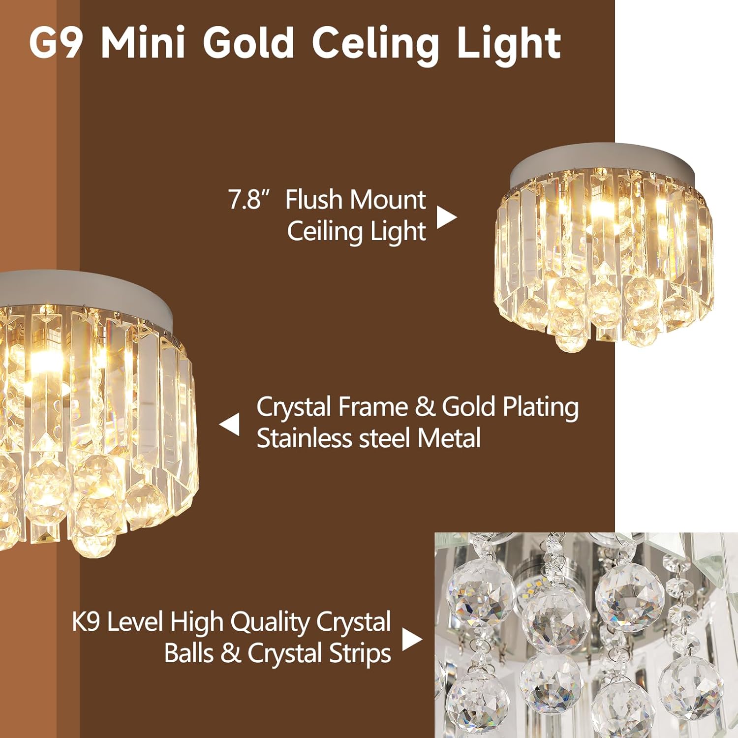 Crystal LED Ceiling Light Chandelier, Modern Semi Flush Mount Lighting Fixture Ceiling Lamp for Living Room, Dining Room, Bedroom, Kitchen Island, Entryway (7.87“ * 5.9” Round Warm Light)