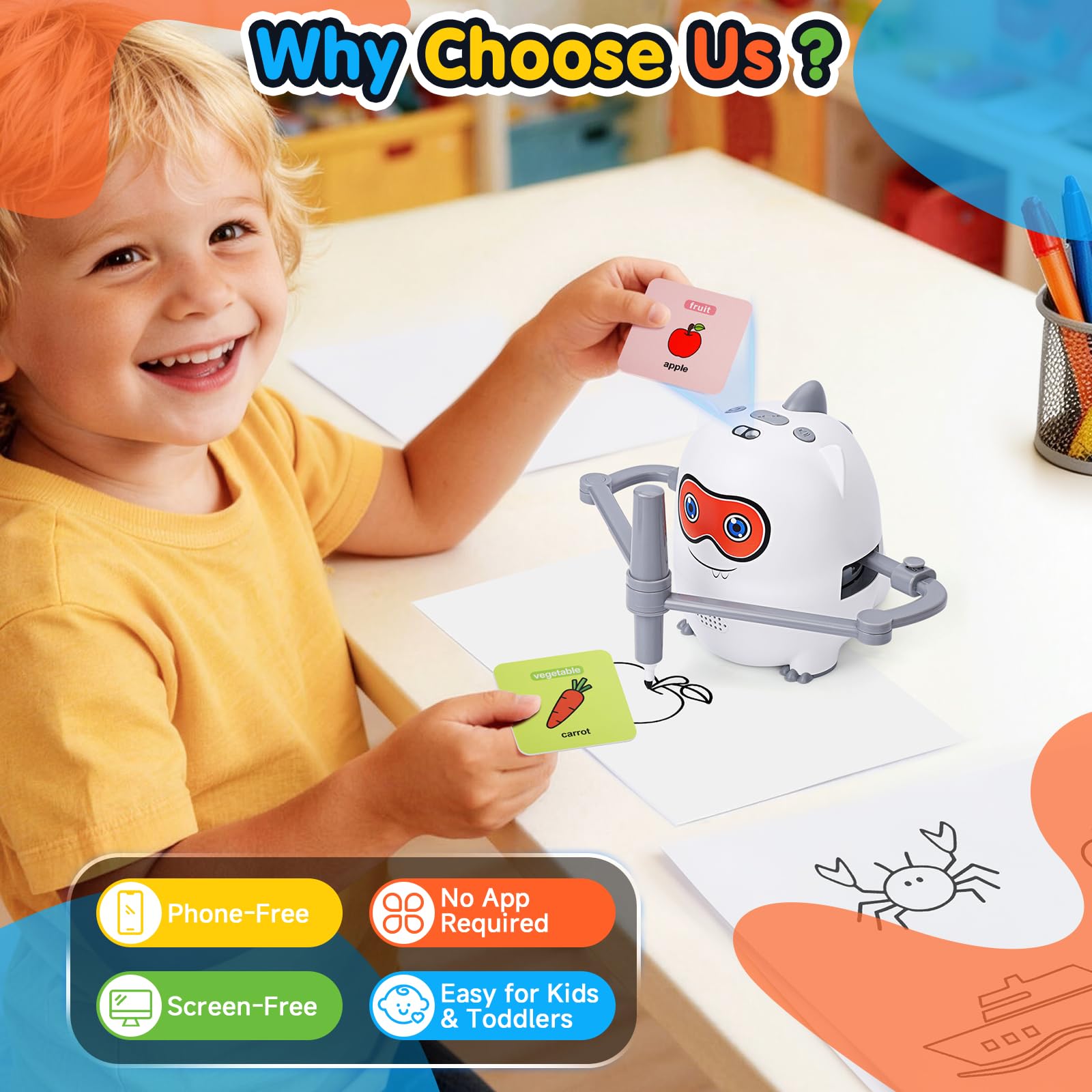 Robot Disegnatore per Bambini con 200 Carte e Pennarelli Robottino Giocattolo Educativo Interattivo Ricaricabile Drawing Robot Kid per Bambino Bambina Natale Compleanno Regalo