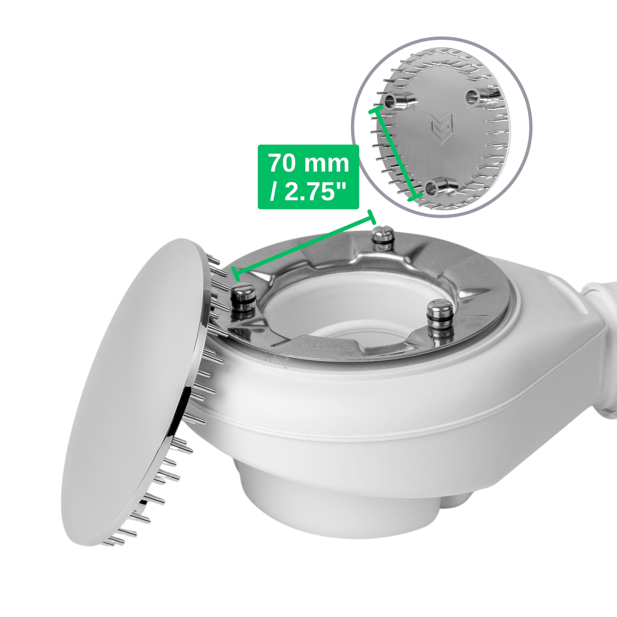 Capot et tube plongeur pour écoulement de douche, Ø 115 mm, compatible avec la garniture d'écoulement Viega Tempoplex à partir de l'année de construction 2006, couvercle ABS chromé