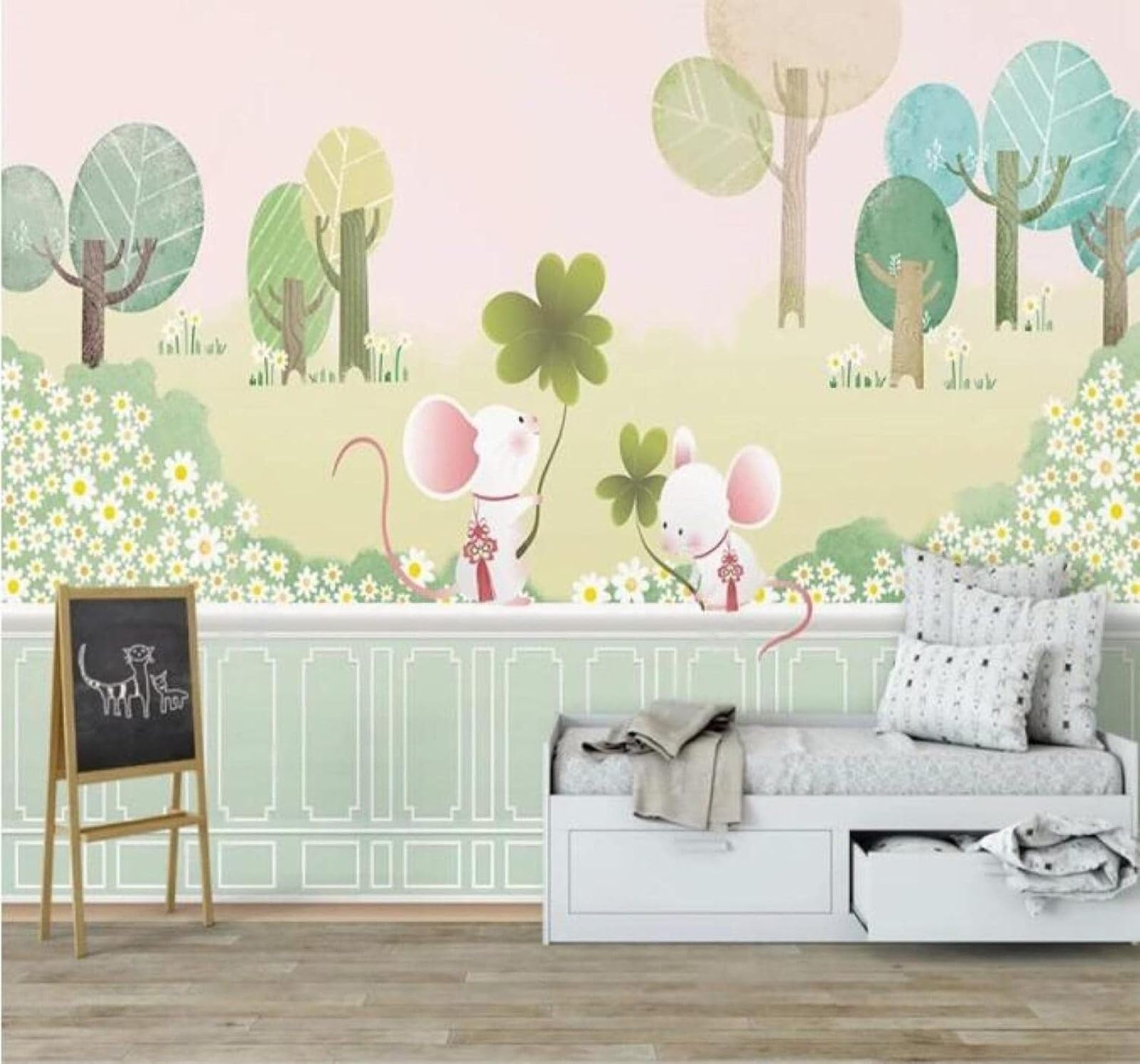 XLMING Cartoon Green Forest Cute Mouse 3D Wallpaper Luxury Silk Study Dining Feature Sofa Grey Bedroom Living Room Tv Decorative Wall-250cm×170cm