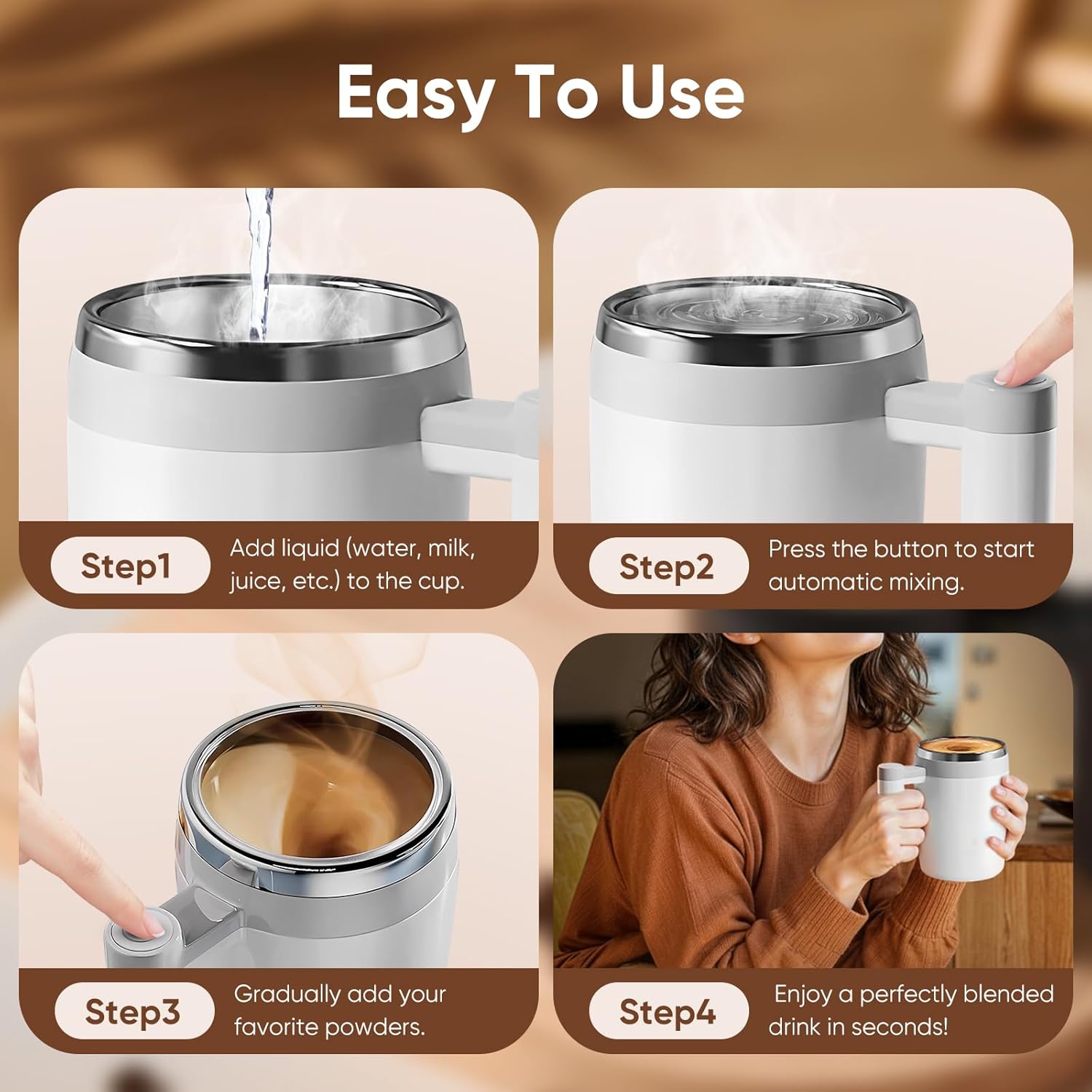 BECOMFY Self Stirring Coffee Mug, Automatic Magnetic Stirring Coffee Cup with Leak-Proof Lid Reusable Stainless Steel Mixing Mug for Travel, Office, Home - No Spoon Needed, Ideal Gift (Brown) - Image 5