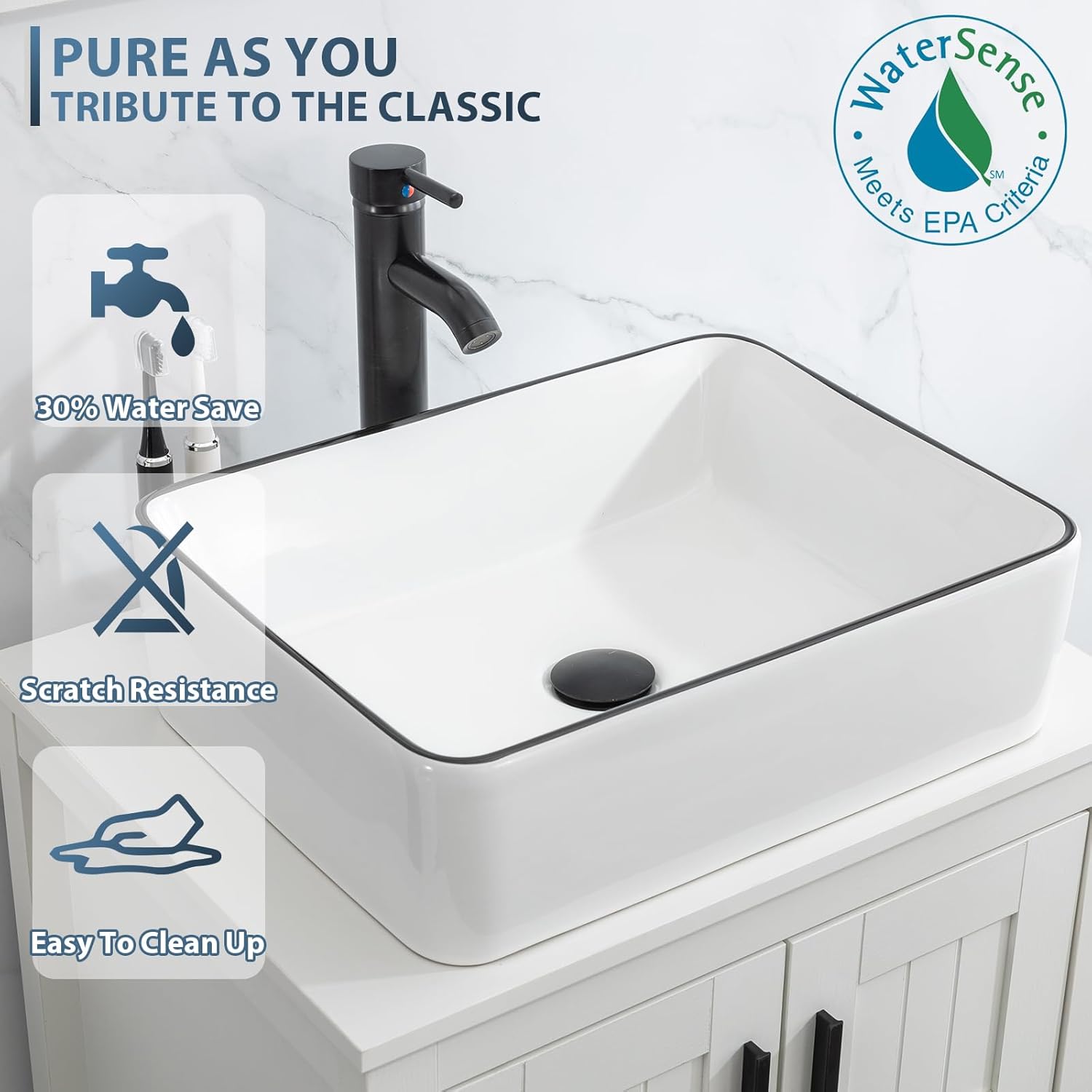eclife 72" Modern Bathroom Vanity Sink Combo Freestanding Cabinet with Small Side Cabinet, White Black Ceramic Vessel Sink, Water Save Faucet, Drain (Black+T03BK)