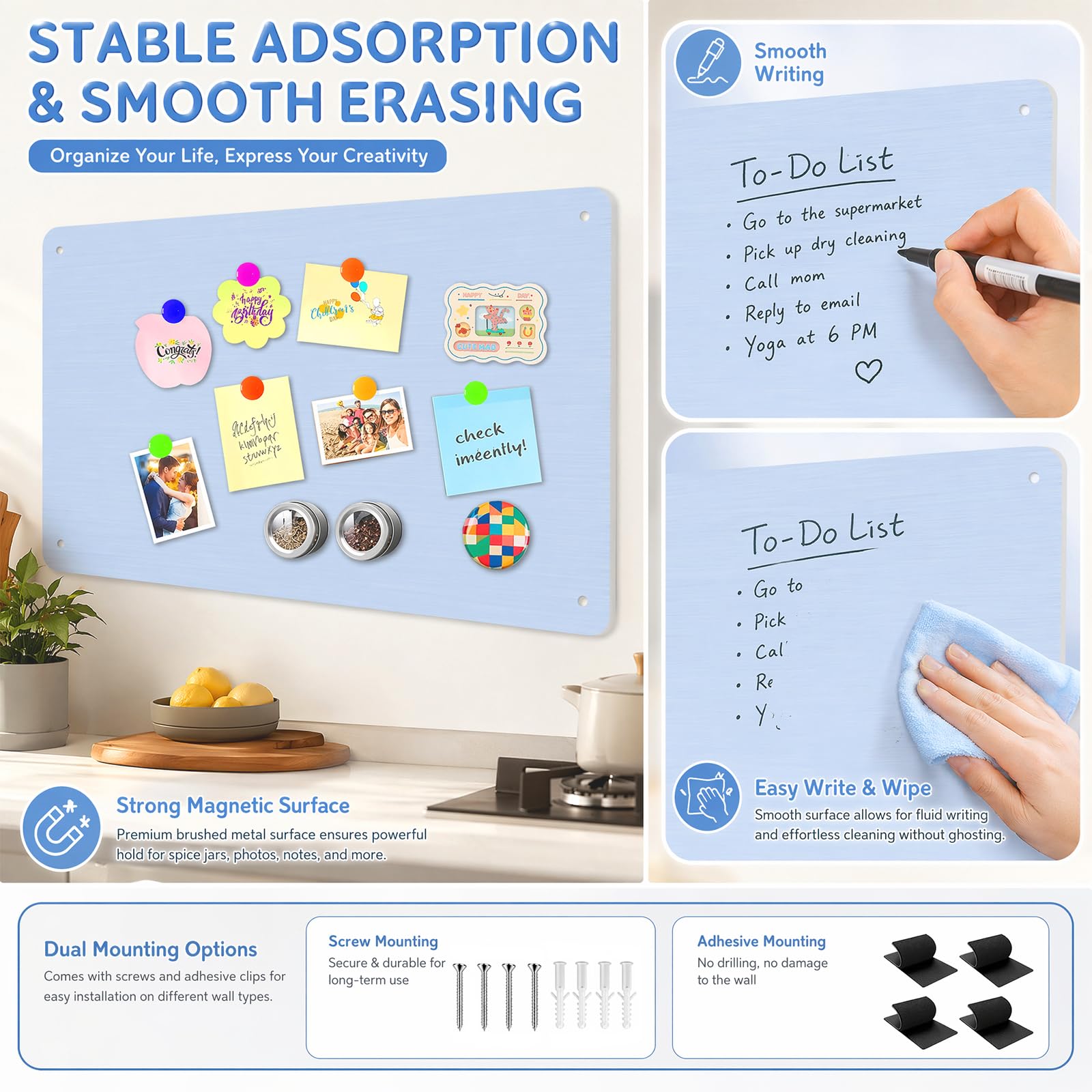 2 Stück Magnettafel 43 * 30cm, Pinnwand Magnetisch, Magnetwand Kinder, Metalltafel Magnetwand Kratzfest, Magnettafel Tafel für Küche, Büro, Kühlschrank (Blau)