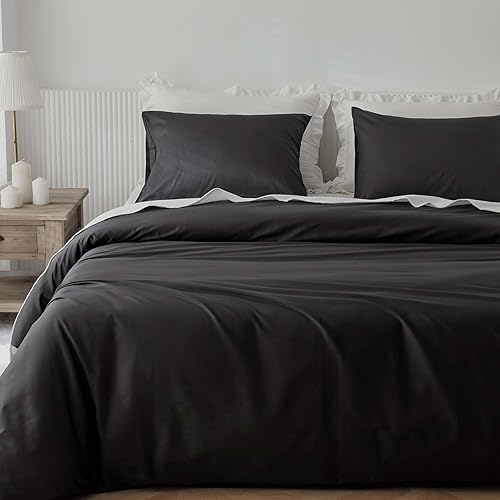 HeimenAogo 600TC Egyptian Cotton Duvet Cover Full Size Sateen Weave, Silky Soft and Breathable Bedding Set with Zipper Closure, Long Staple Cotton Bed Linen Moonless Night Black 3Pcs (80"×90")