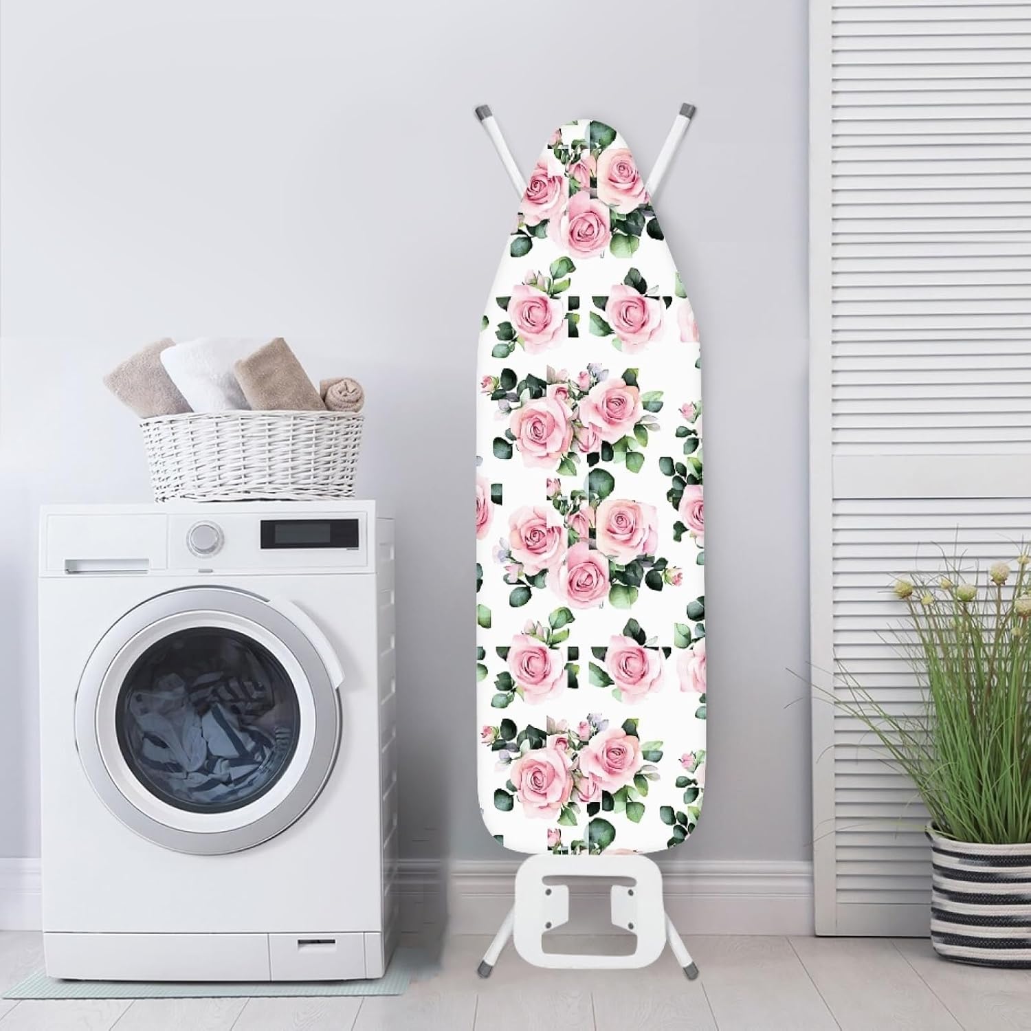 Ironing Board Cover 14x48 Pink Rose Green Iron Board Cover with Padding Heat Reflective,Scorch Resistant Thick Padding,Snug Fit Non-Slip Nose Pocket Fastener Straps Elastic Edges