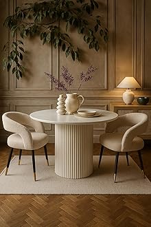 Quick Artsy Round Acacia Wood Dining Table – 4-Seater Solid Wood Dining Table for Dining Room & Kitchen, Modern White Finish Compact Farmhouse Furniture (Only Table)