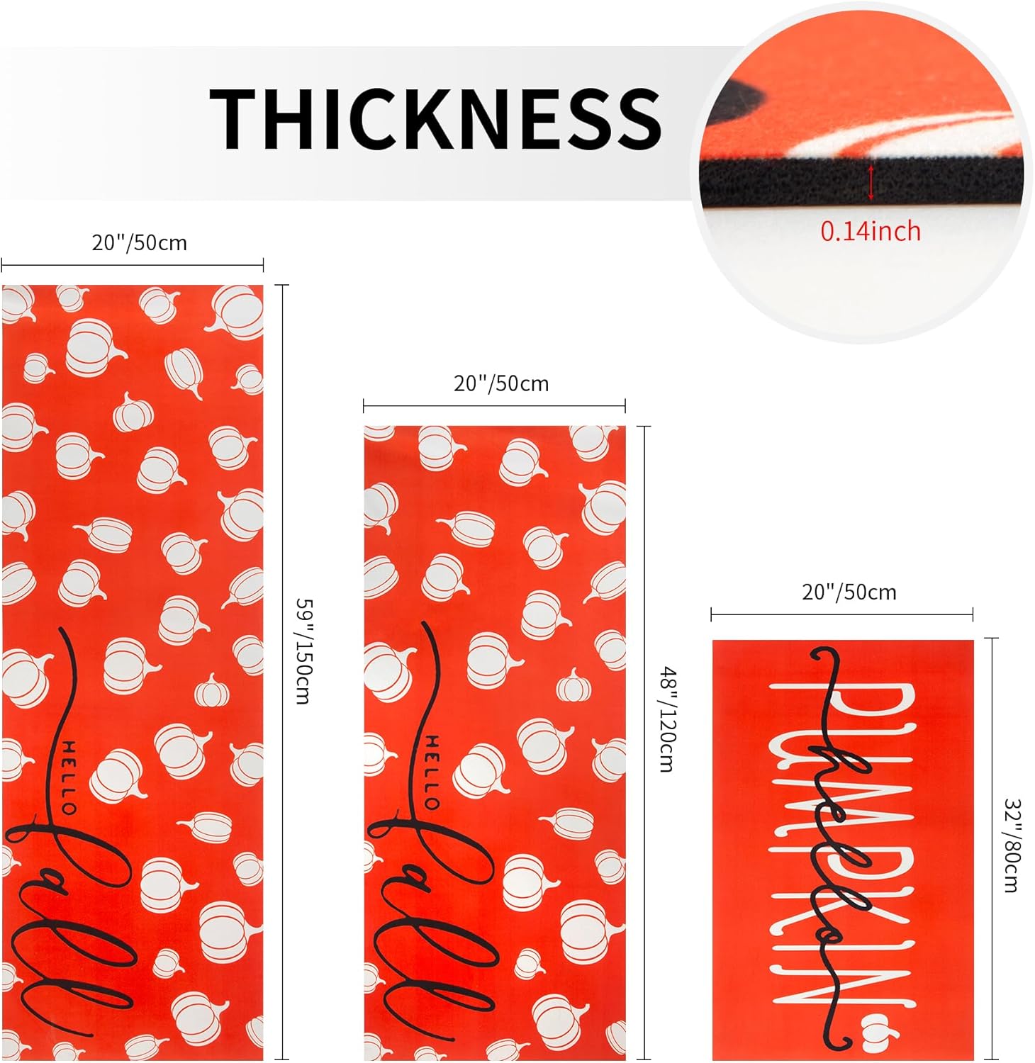 Fall Pumpkin Rubber Kitchen Rugs Set of 3,Non Slip Washable Mats Set for Home Floor Autumn Harvest Thanksgiving Day Decoration(Fall Orange, 20"x32"+20"x48"+20"x59")