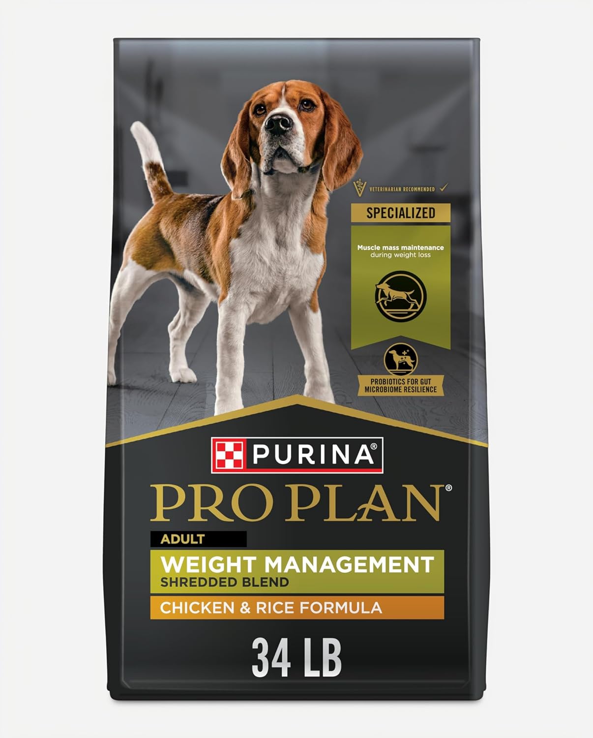Purina Pro Plan Weight Management Chicken and Rice dry dog food bag, 34 lb
