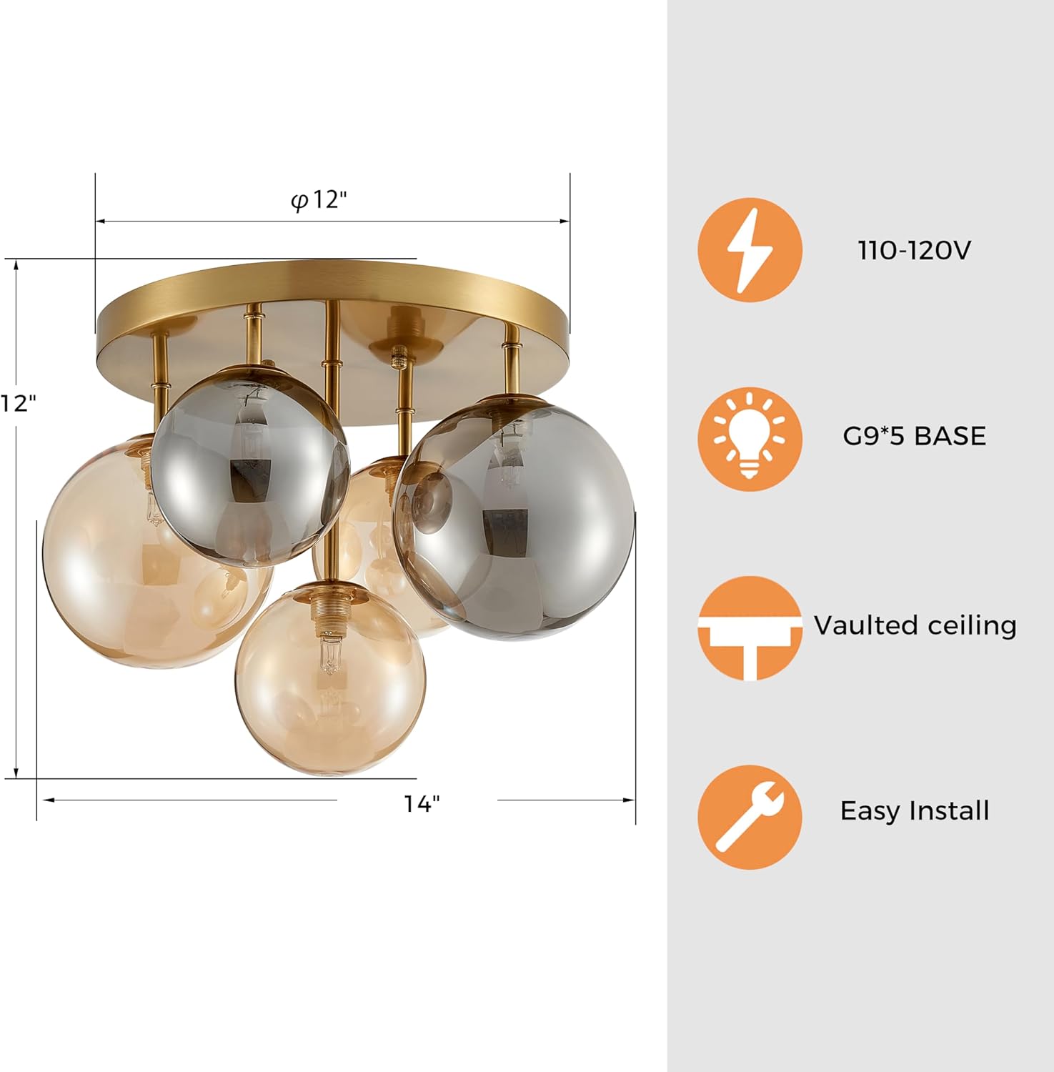 SM Saint Mossi Modern Bubble Ceiling Lighting Fixture, 5-Light Flush Mount Chandelier, Glass Globe Ball and Brass Canopy, W14” xH12“, Flush Mount Ceiling Light for Living Room Bedroom Dining Room