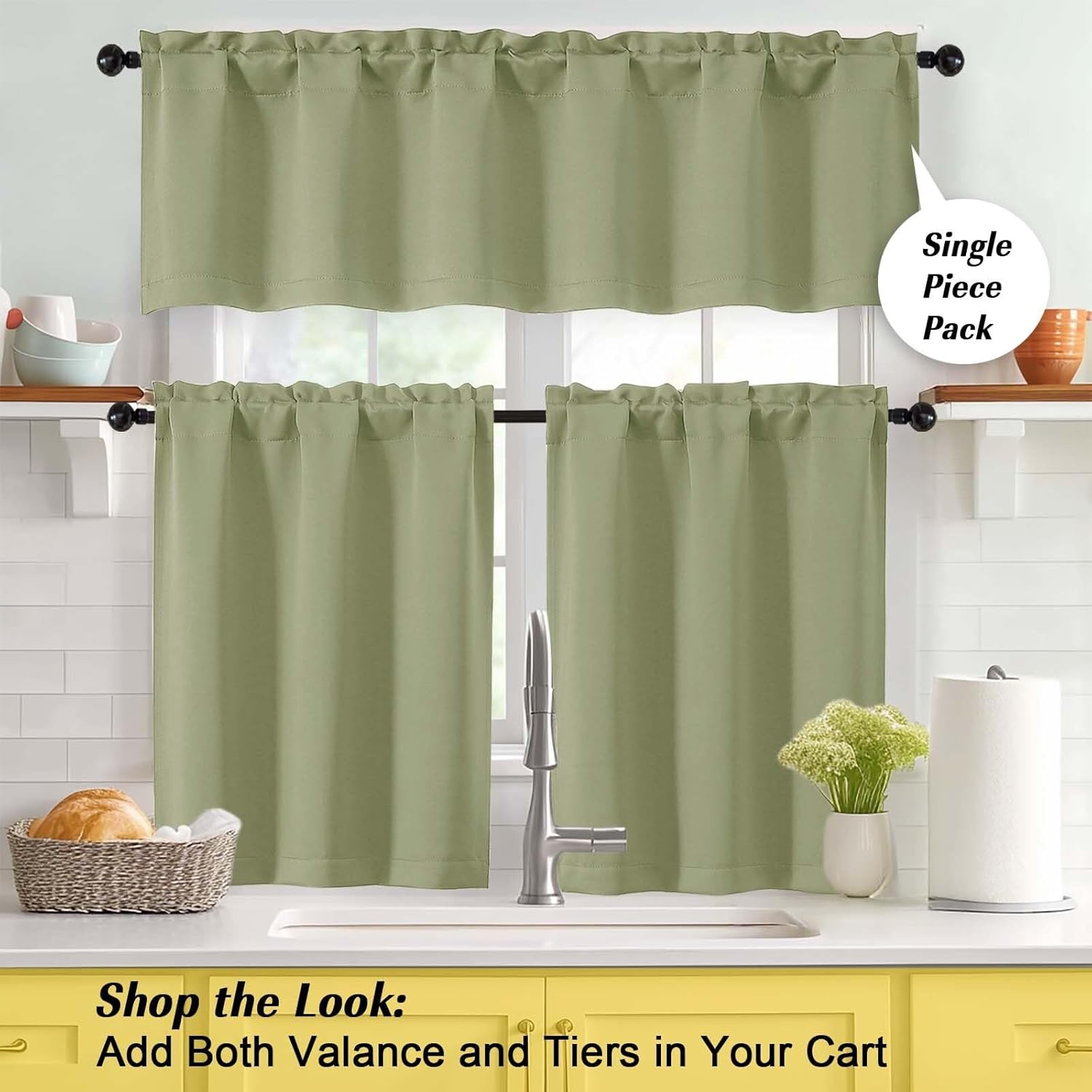 Sage Green Valances for Windows 1 Piece, Soft Solid Thermal Insulated Blackout Small Kitchen Window Curtains for Bathroom Basement Cafe, Rod Pocket, Sage Green, 60" Wx14 L - Image 8