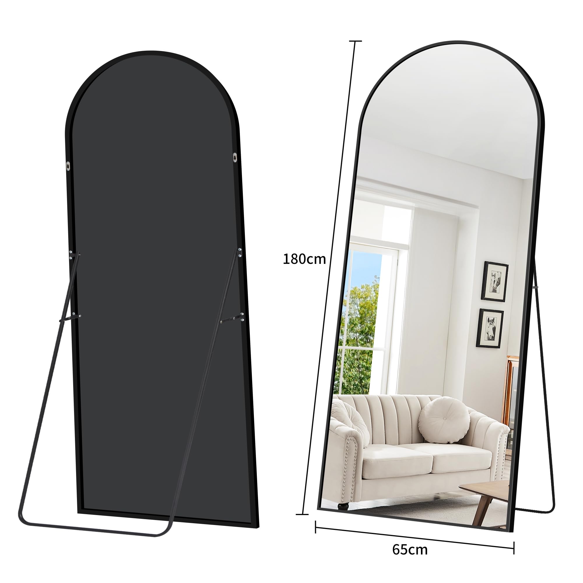 WOLIBEER Großer Ganzkörperspiegel 179x65 cm XXL Standspiegel und Wandspiegel mit Schwarzem Aluminiumrahmen Sicherer Stabiler Deko-Spiegel für Wohnzimmer Schlafzimmer Flur Schmink