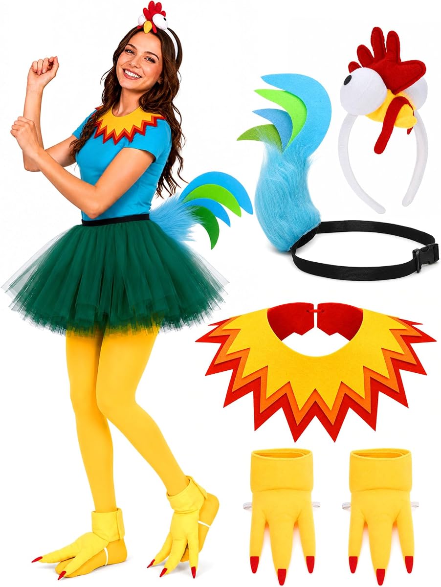 5 Pcs Halloween Chicken Costume Rooster Accessories for Adults | 3D Chicken Headband,Tail with Feathers, Collar, Shoe Covers, Ocean Adventure Halloween Carnival Cosplay Set