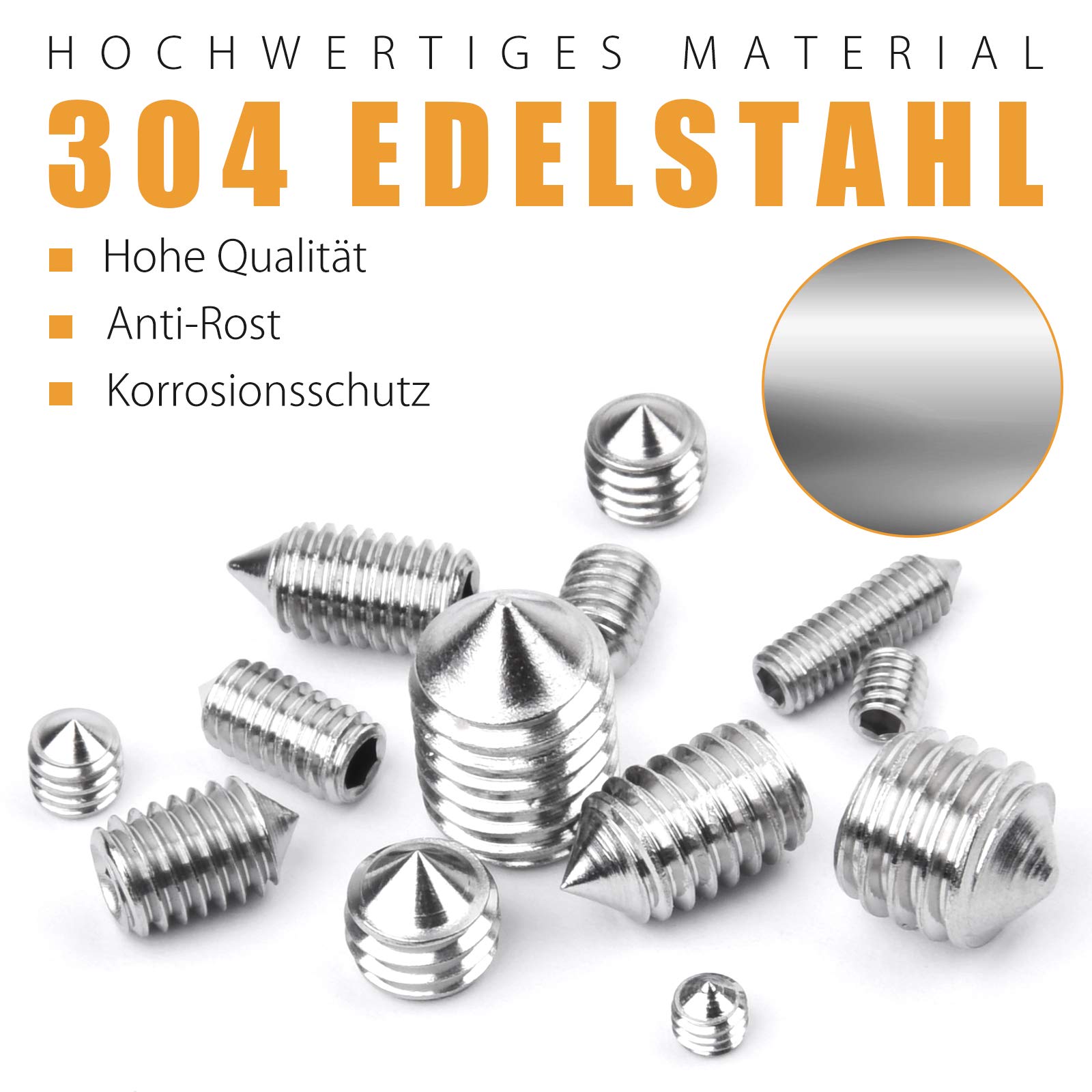 VIGRUE Juego de 260 tornillos sin cabeza hexagonal de punta cónica – Surtido de tornillos M3 M4 M5 M6 M8 – Acero inoxidable