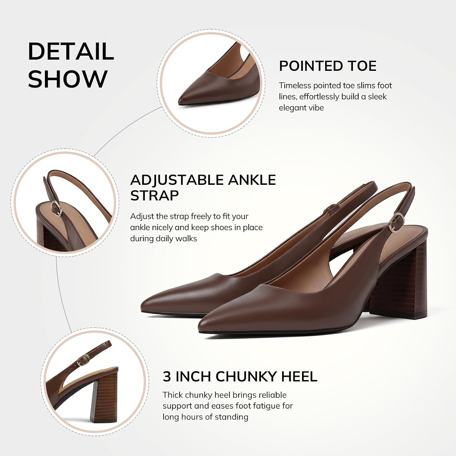 Ancomafio Slingback Heels for Women Chunky Heels Pointed Closed Toe Pumps | Block Chunky Heels, Pointed Closed Toe, 3 Inch Slip On Pumps, Dress Shoes for Business Office Party