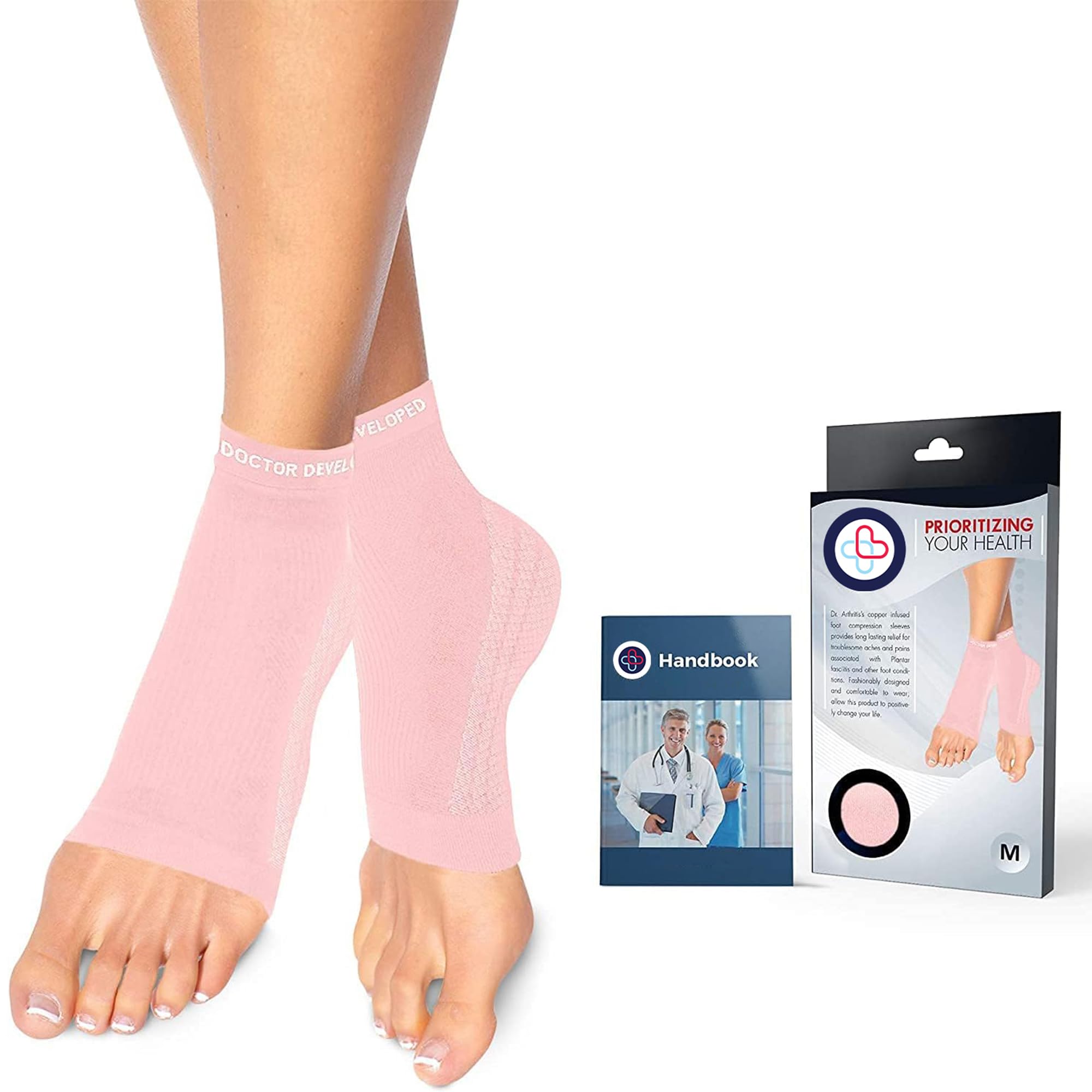 Doctor Developed Copper Infused Foot Compression Sleeves/Plantar Fasciitis Socks [PAIR] and Doctor Written Handbook