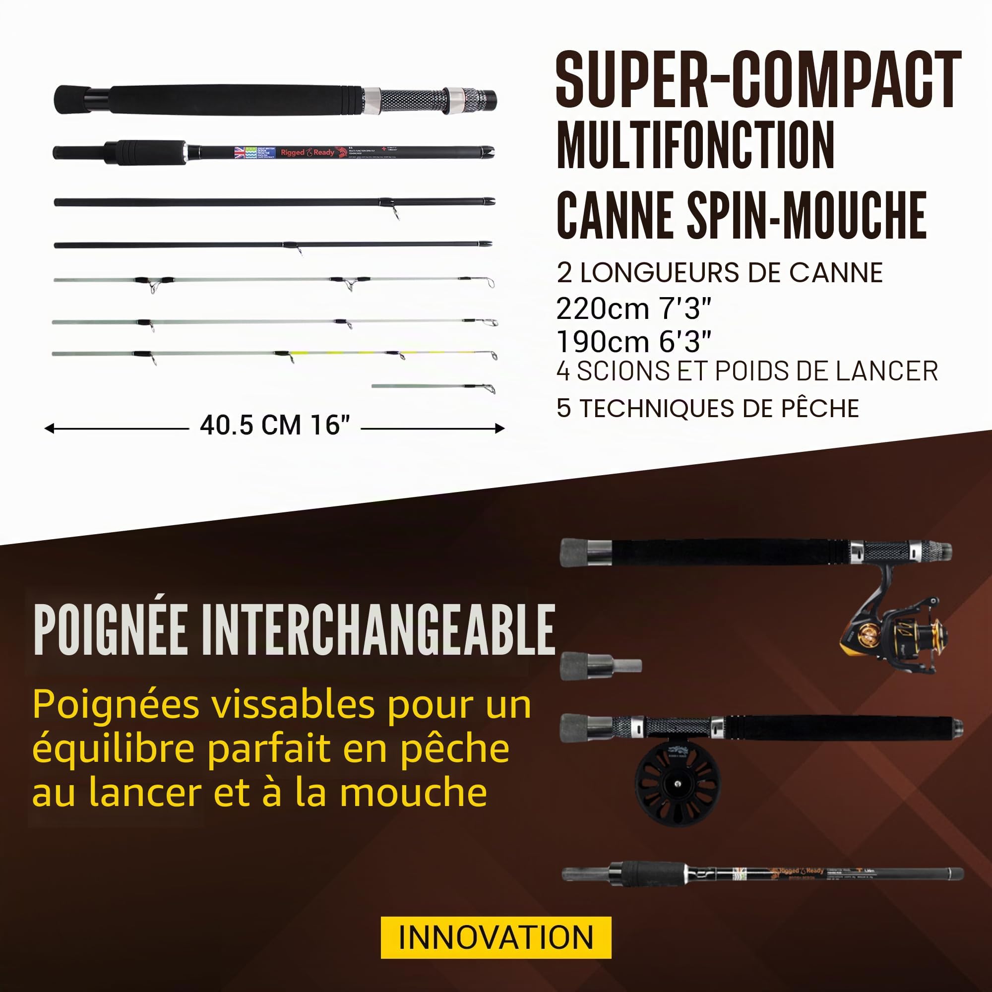 Cannes à pêche de voyage Rigged & Ready X5 Series Spin-Fly – Combinaison de canne X5 et 2 moulinets, canne X5 ou X5 Max – Cannes multifonctionnelles super compactes, 4 pointes, 5 techniques-1 canne à