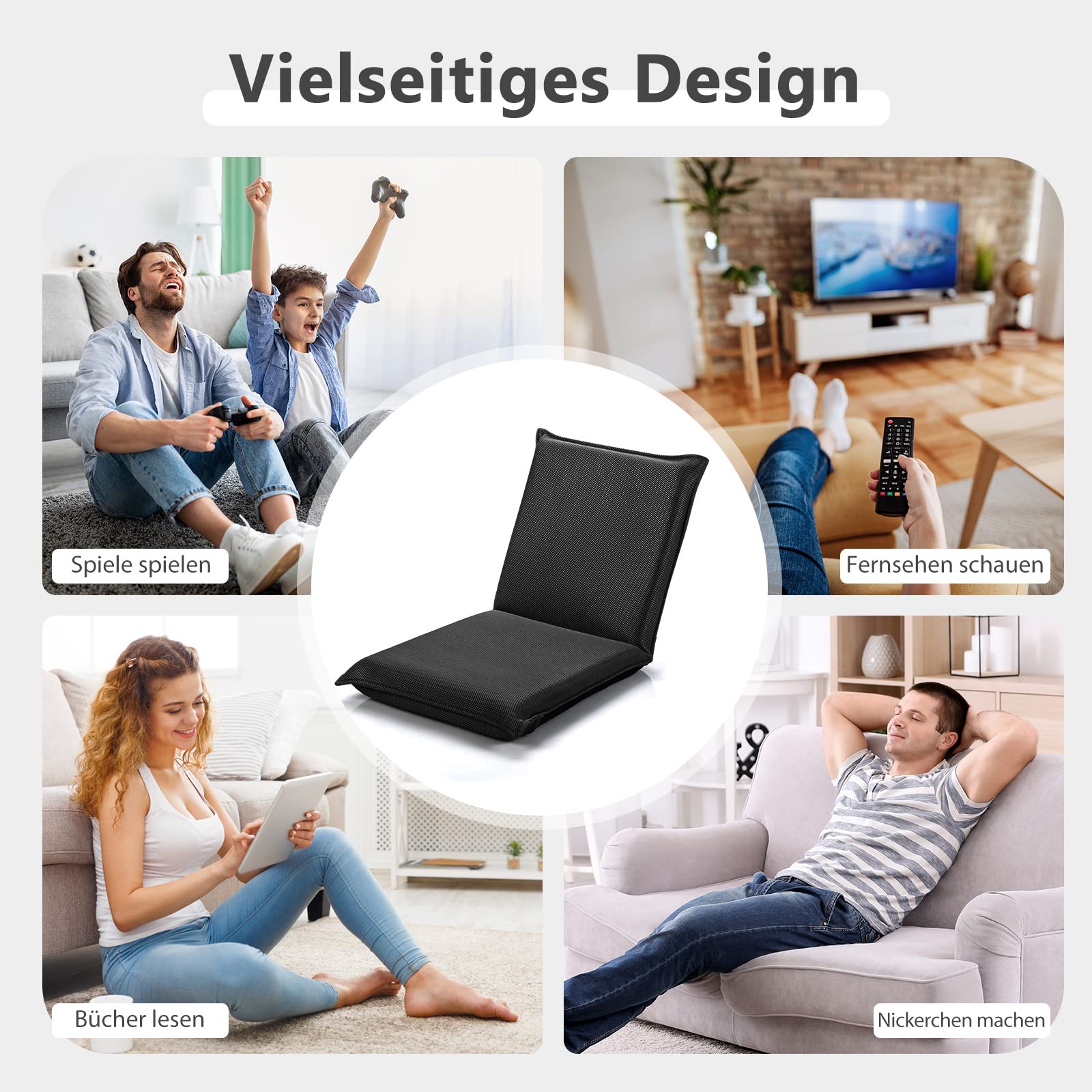 RELAX4LIFE Bodenstuhl klappbar, Bodensessel mit Liegefunktion, Lehnstuhl mit 6 Einstellbarer Rückenlehne, Bodensitz zum Fernsehen Lesen Spielen, Meditationsstuhl Lazy Sofa gepolstert (Schwarz)