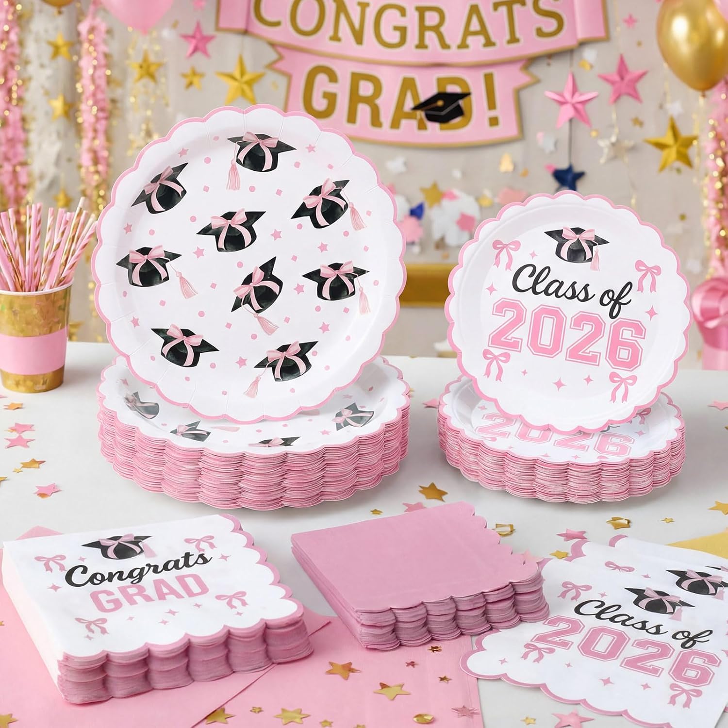 Bokon 200 Pcs Graduation Plates and Napkins Set 2026 Pink Graduation Party Supplies Disposable Pink Scalloped Paper Plates Napkins Decoration Serve 50