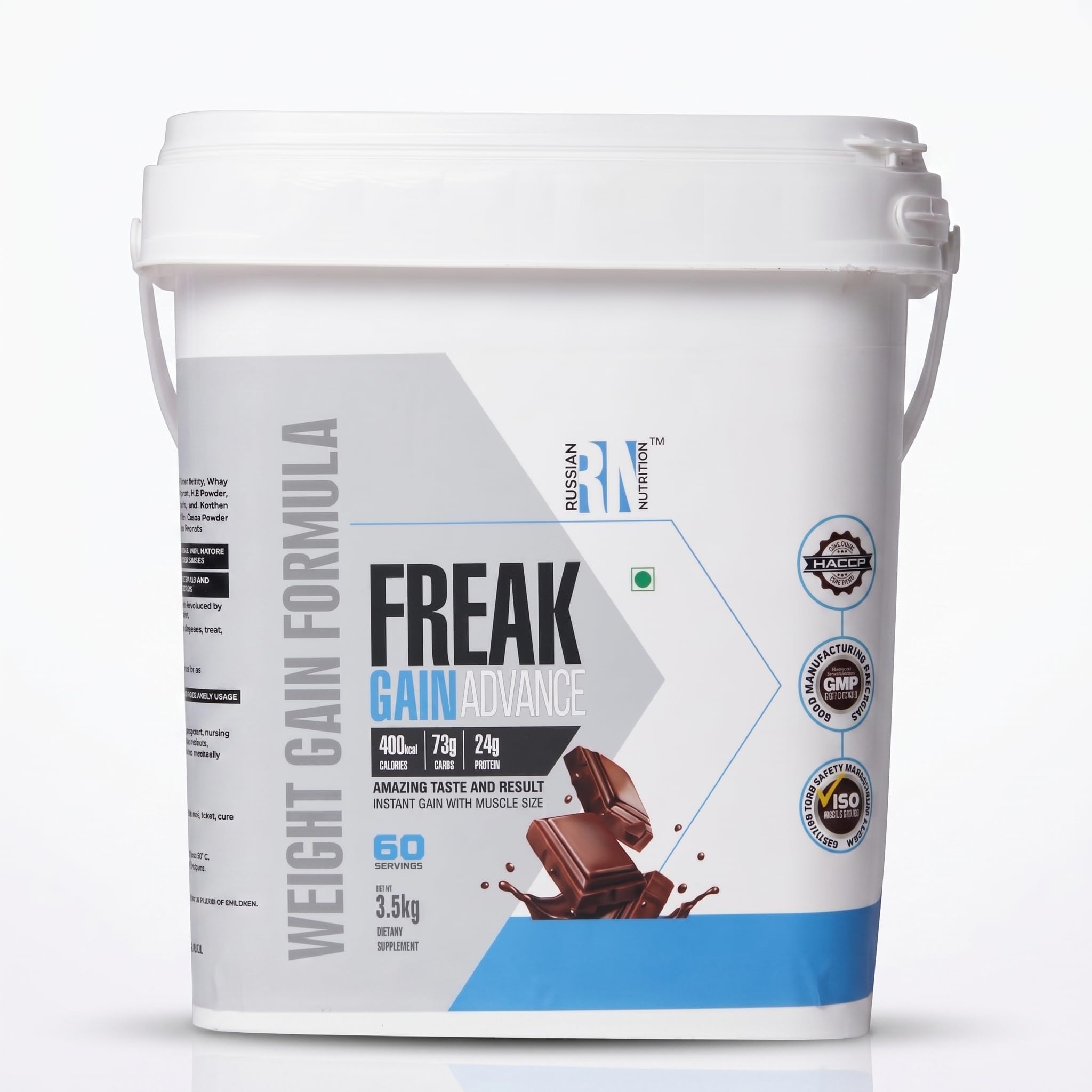 Russian Nutrition Freak Gain Advance Chocolate Weight Gainer 3.5kg with 24g Protein, 73g Carbs, and 400 Calories per serving