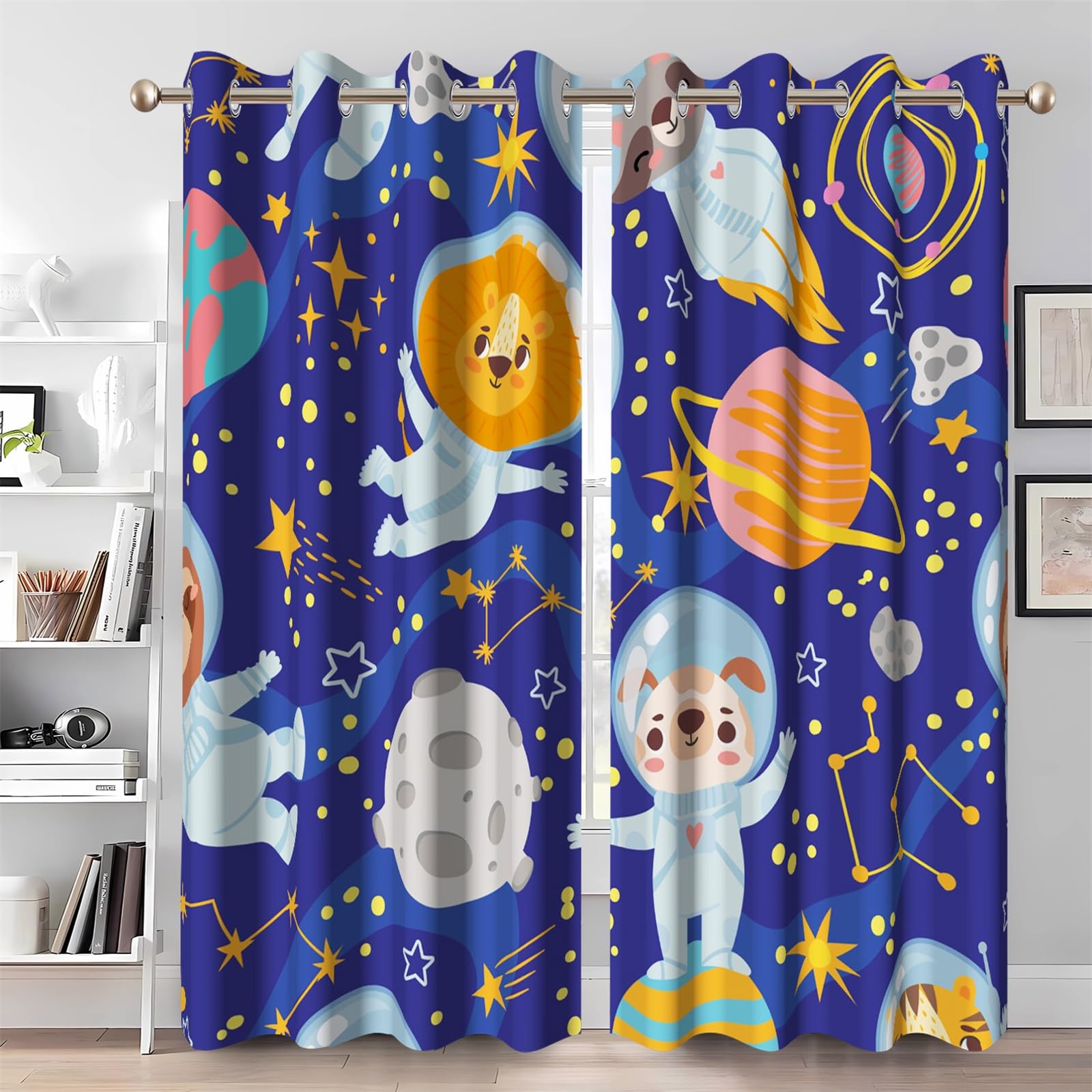 Ttincceer 117x183cm Outer Space Blackout Curtains for Boy Bedroom, Universe Metero Cartoon Dog Lion Astronaut Drapes Nursery Toddler Baby Room Eyelet Thermal Insulated Window Treatment 2 Panels