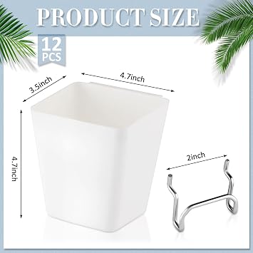 Tessco 12 Sets Pegboard Cups with Pegboard Hooks Loops Large Pegboard Bins White Pegboard Wall Organizer Peg Board Containers Square Box Shape Pegboard Cup Holder for Garage Office Workshop Workbench