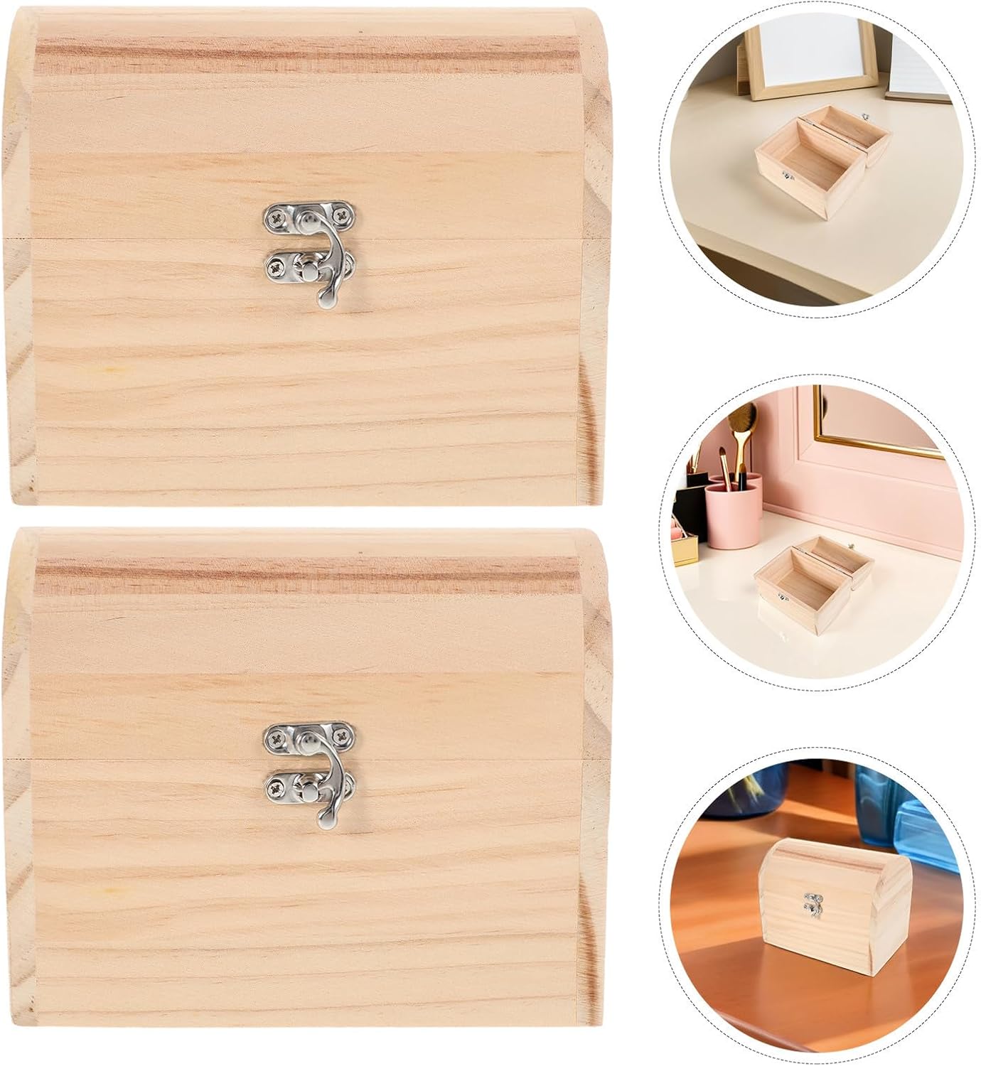 Didiseaon 2pcs Wooden Treasure Chest Storage Box for Jewelry and Small Parts with Arched Design and Front Latch, Unpainted Dust-proof Wood Box for Home and Office DIY Projects
