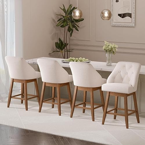 Miniatura 12 de Taburetes de bar giratorios modernos con respaldo copetudo, taburete de bar tapizado de 30 pulgadas de altura, patas de madera maciza, juego de 2