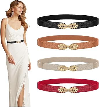 TRIWORKS 4 Pack Women Skinny Elastic Belt Ladies Fashion Leaf Alloy Buckle Stretchy Thin Waist Belt for Dresses