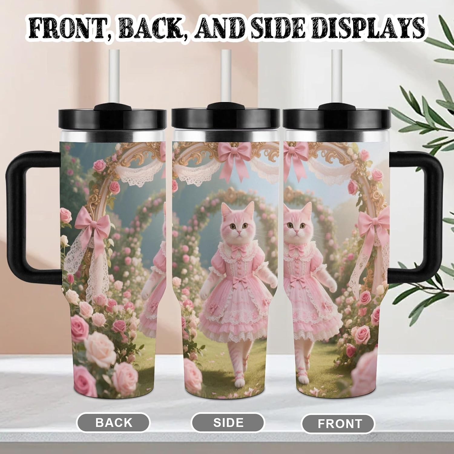 Stainless Steel 40oz Tumbler Travel Mugs, Pink Cat in Rococo Rose Garden image 5