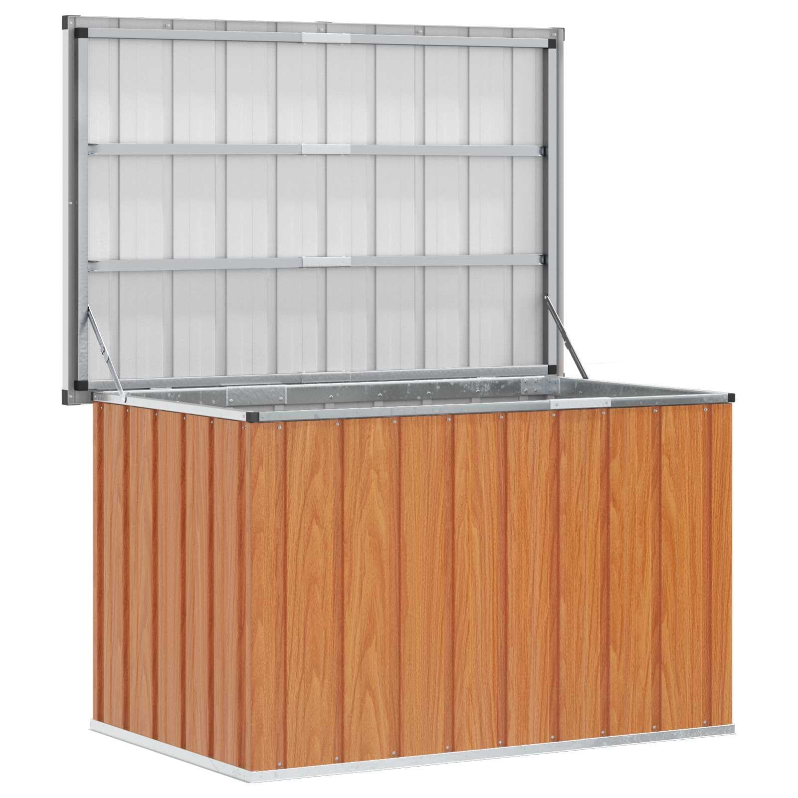 Außenlagerbox Holz aus verzinktem Stahl 109 x 67 x 65 cm, wetterfeste Gartenbox mit viel Stauraum für Kissen, Auflagen, Werkzeuge, Balkonbox und Terrassenbox zur praktischen Aufbewahrung