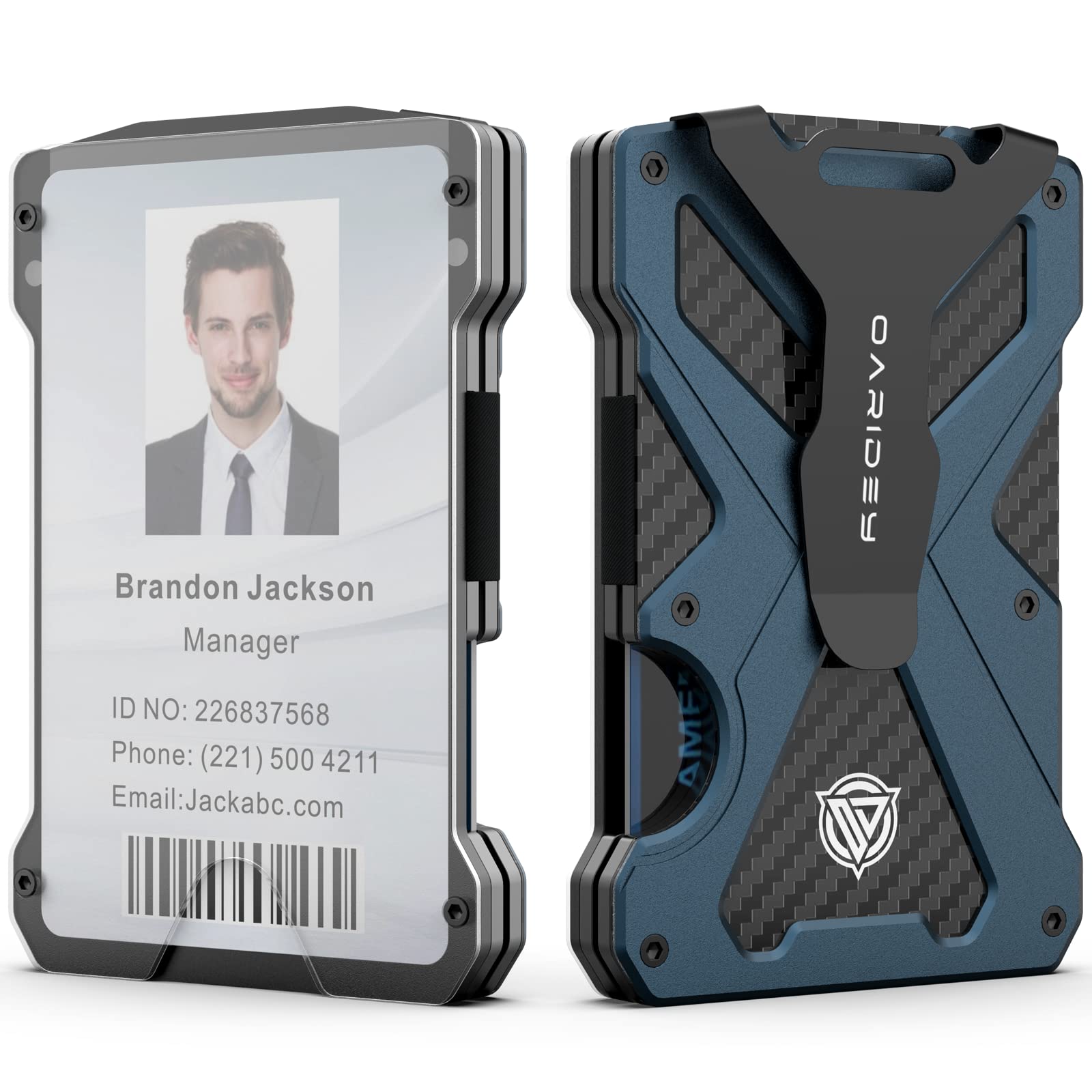 Minimalist Wallet for Men - Slim Aluminum Metal Money Clip Wallet, Clear ID Card Holder, Carbon Fiber Wallet, RFID Blocking, Holds 15 Cards with Cash Clip, Ultra Thin Tactical Wallet, Navy Blue