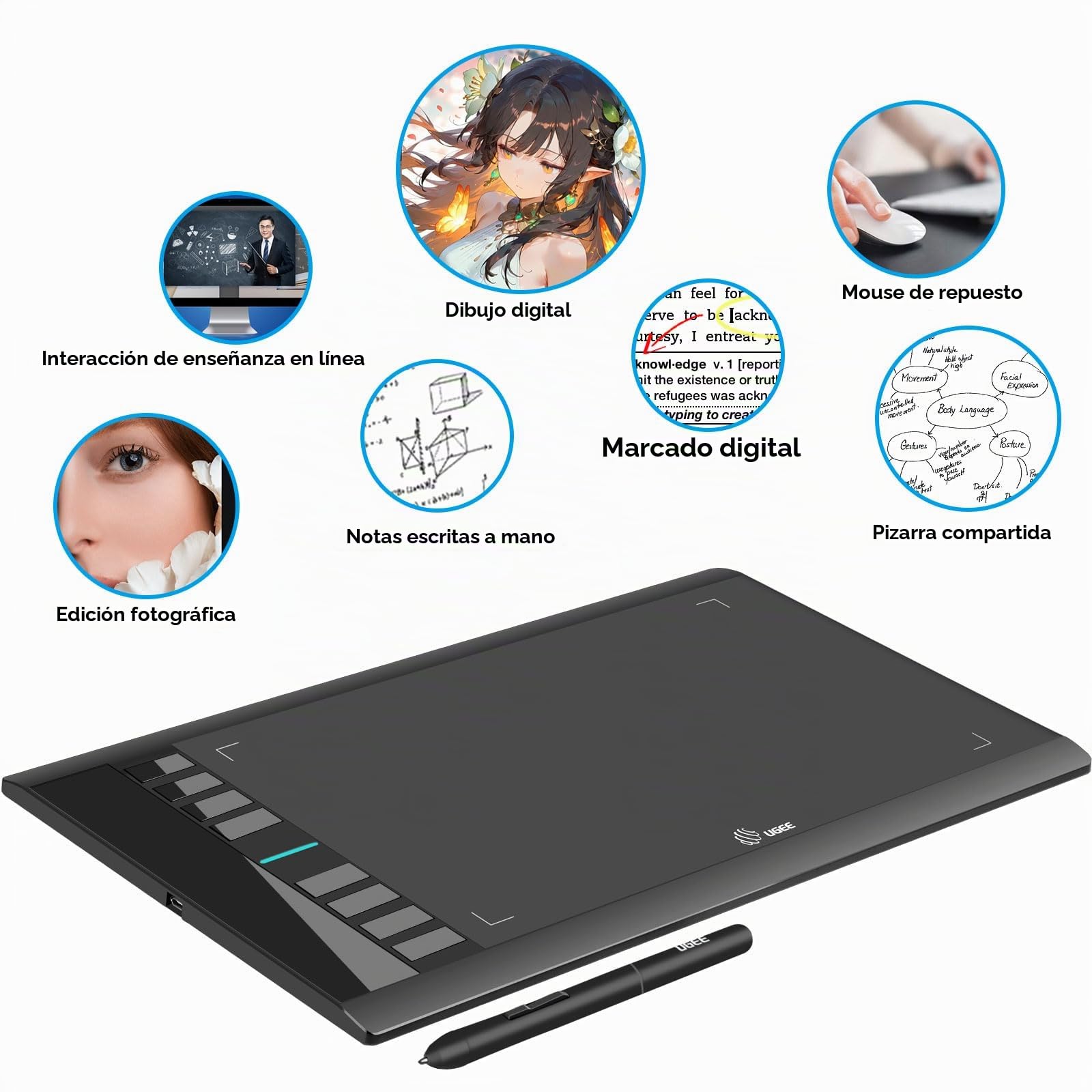 UGEE M708 - Tableta de dibujo gráfica, 10 x 6 pulgadas, bloc de dibujo digital grande con 8 teclas de acceso rápido 8192 niveles de bolígrafo, tabletas gráficas para creación de tablero gráfico de