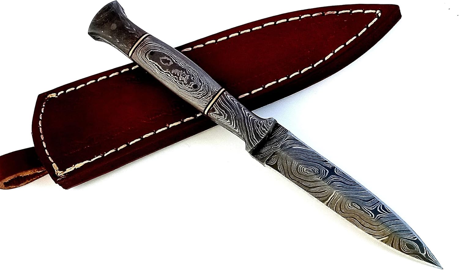 EDC FullTang Handmade Damascus Steel Hunting Skinning Camping Fishing double edged dagger combat Boot knife With leather sheath