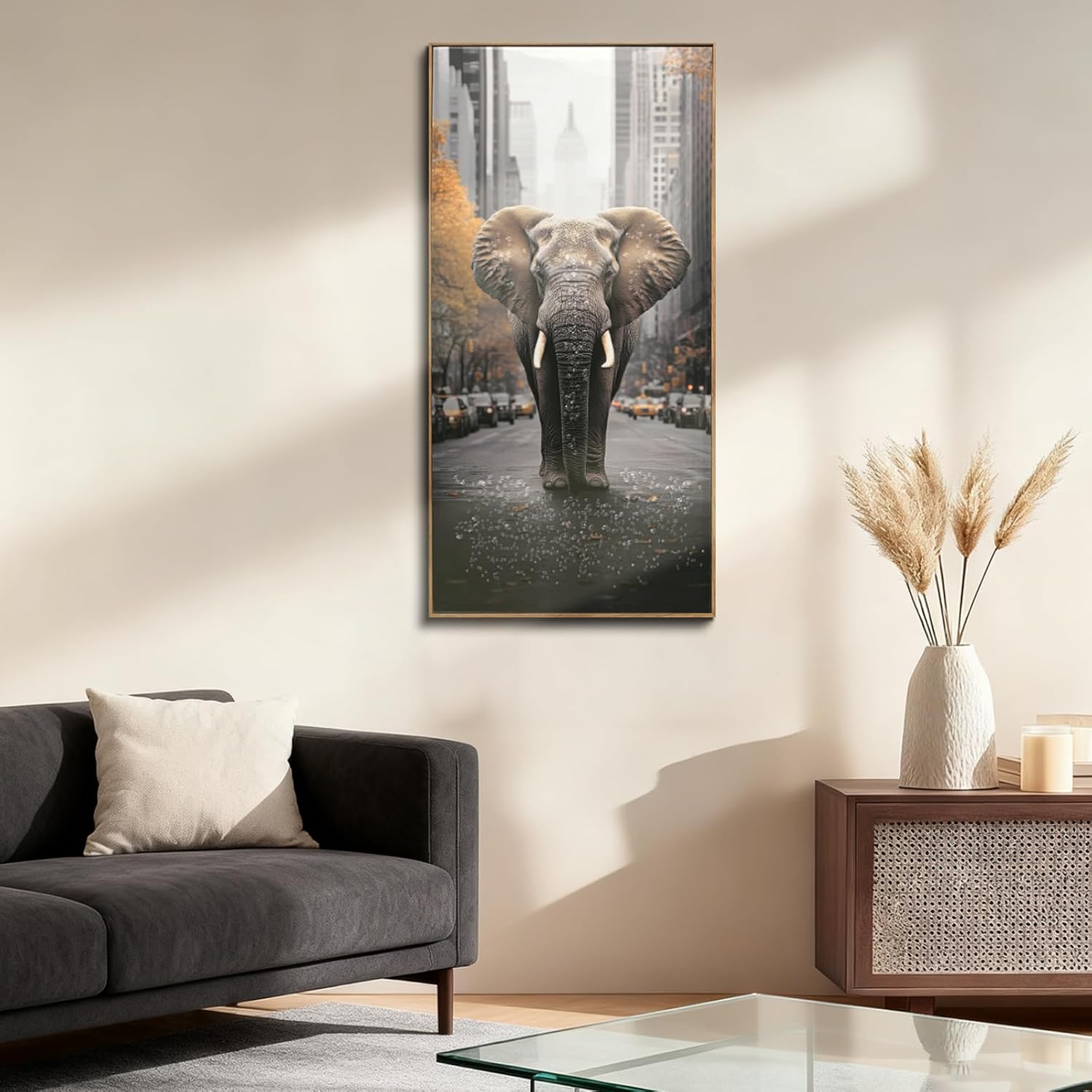 DRLWGTY Abstract Elephant Wall Art,Large Wildlife Paintings Decor with Handmade Crystal Details,Unique Animal Artwork for Living Room Bedroom Office,Ready to hang