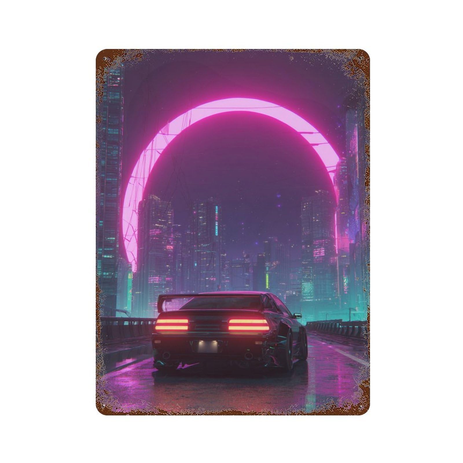 Garage Style Neon Cityscape Rustic Tin Plaque 15.7"x11.8", Farmhouse Wall Decor for Bar And Workshop