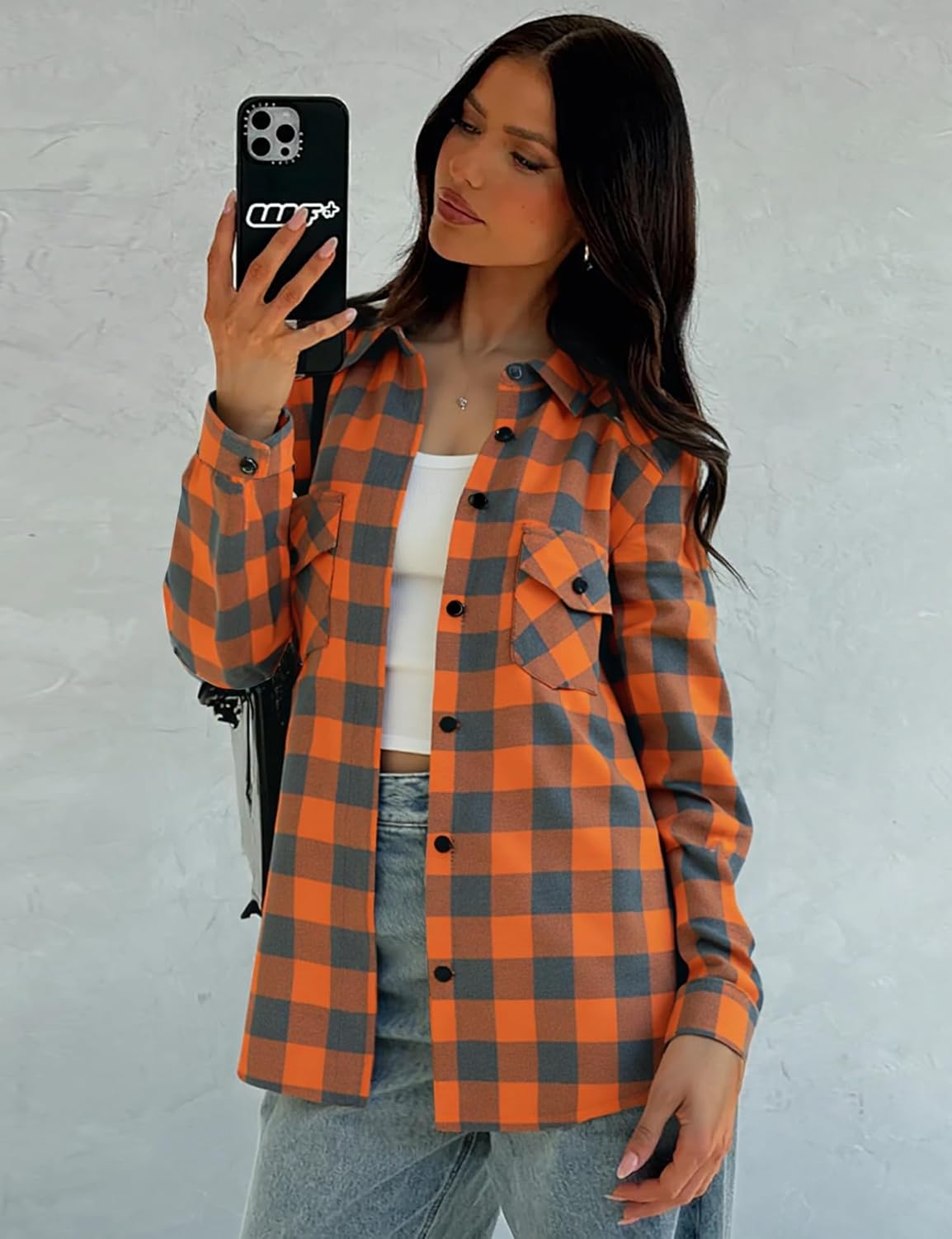 Genhoo Womens Flannel Shirts Roll Up Long Sleeve Plaid Shirt Collared Button Down Gingham Casual Top S-4XL - Image 3