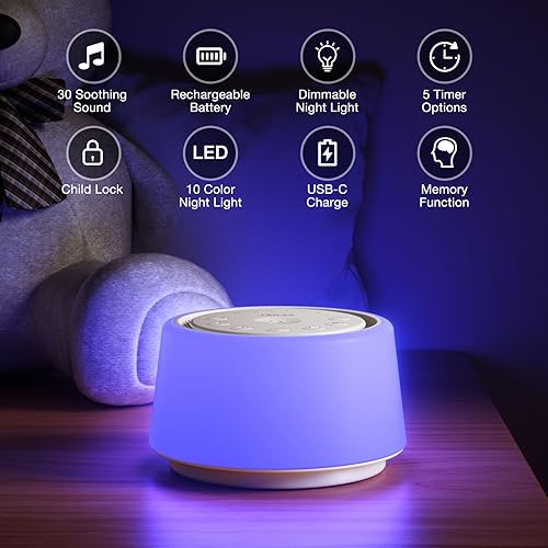 Miniatura 2 de Máquina de sonido de ruido blanco  Máquina de sonido para bebé recargable  30 sonidos relajantes  Luz nocturna de 10 colores  Máquina de ruido