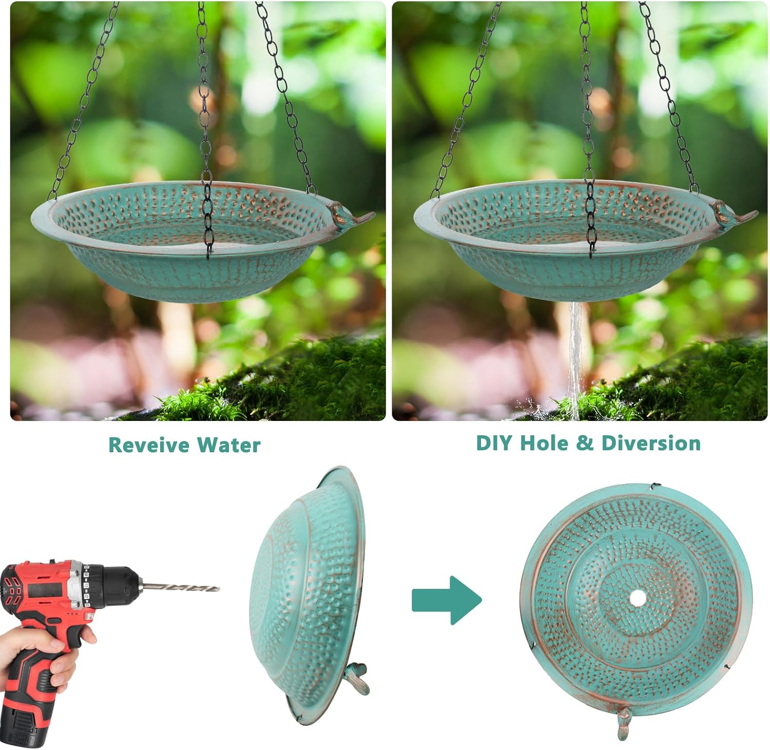 13 inch Rain Chain Basin, Metal Rain Chains Anchoring Bowl Dish, DIY Rain Chain Basin for Gutter Downspout, 2 Layer Hanging Birdbath for Outdoor Garden Patio Decor